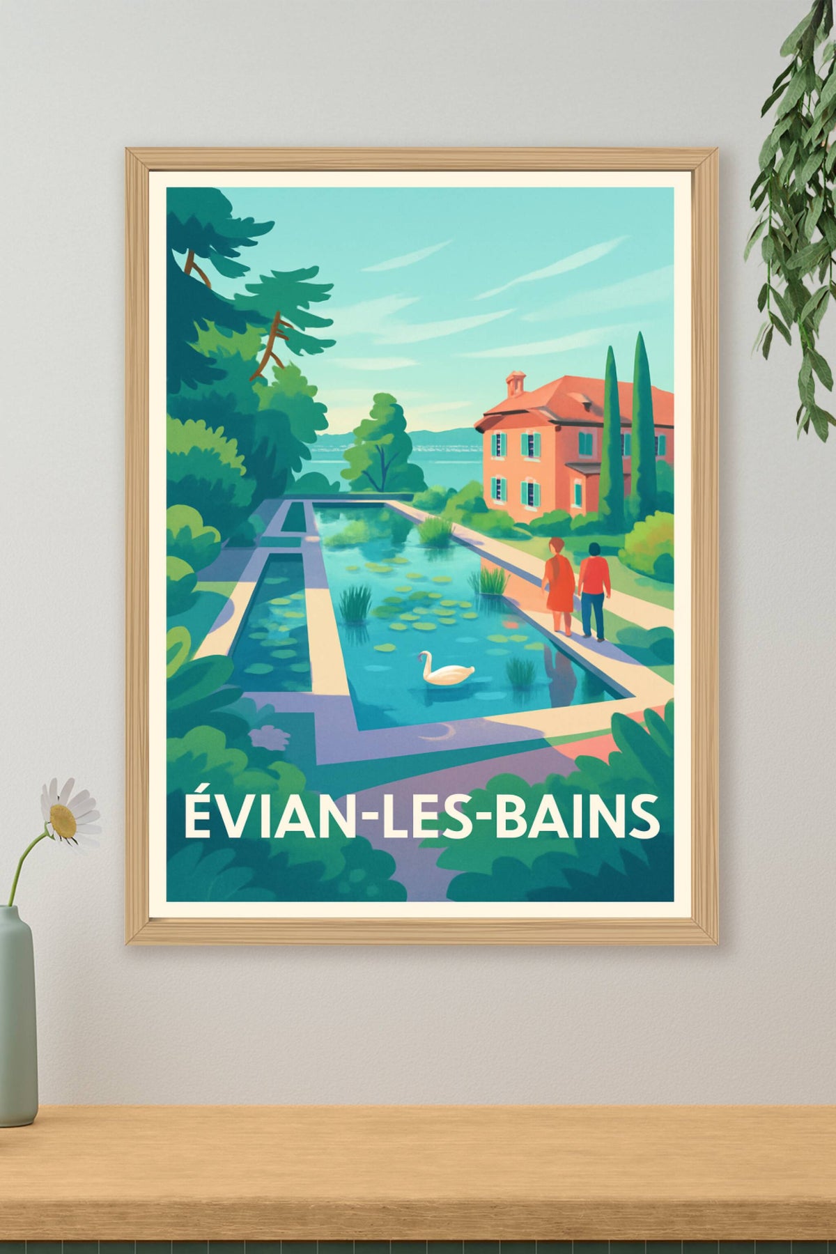 Affiche Évian-les-Bains — Flânerie paisible au bord de l'eau · poster d'art de Évian-les-Bains