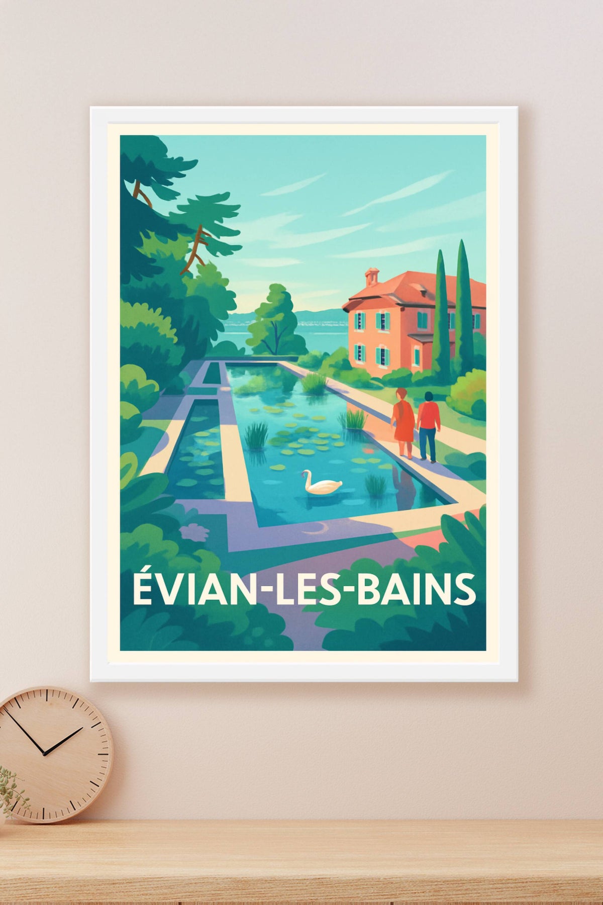 Affiche Évian-les-Bains — Flânerie paisible au bord de l'eau · poster d'art de Évian-les-Bains