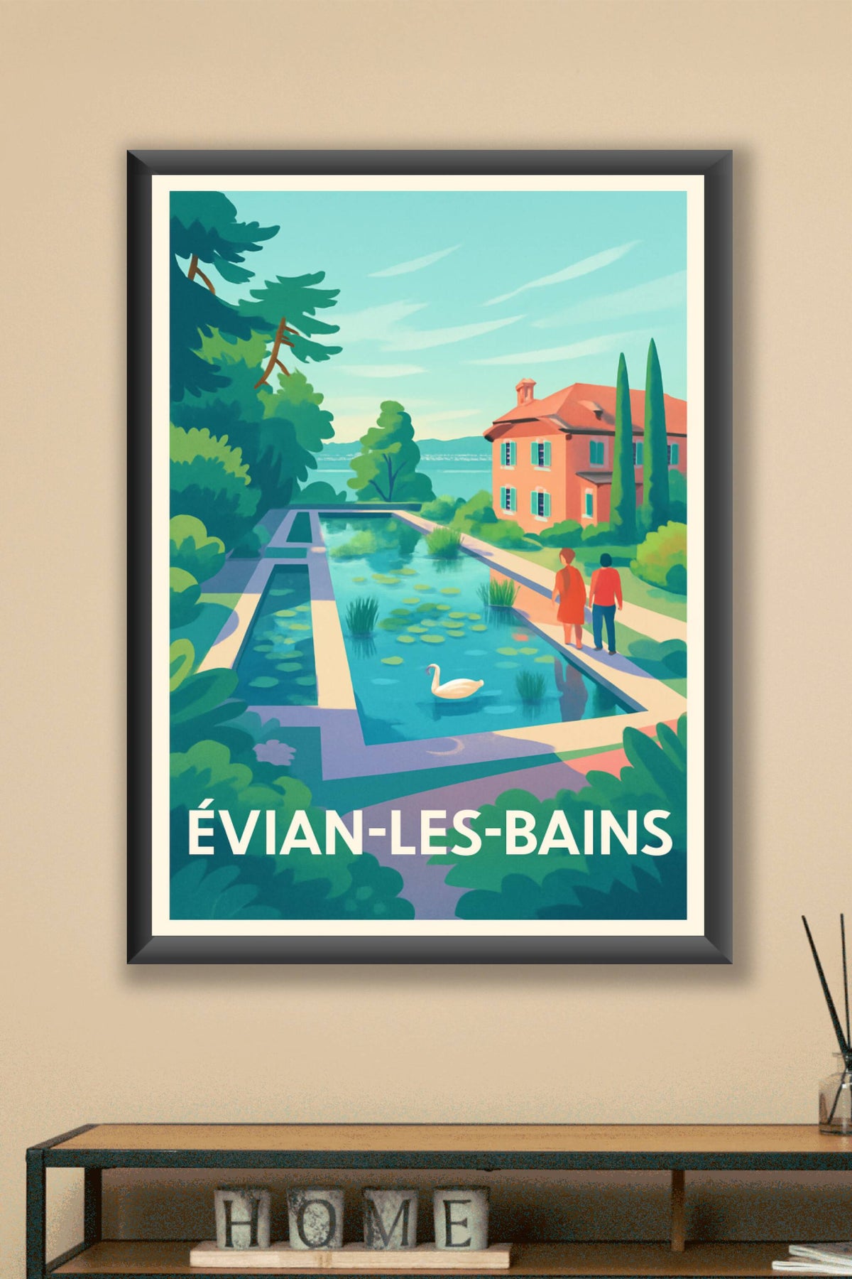 Affiche Évian-les-Bains — Flânerie paisible au bord de l'eau · poster d'art de Évian-les-Bains