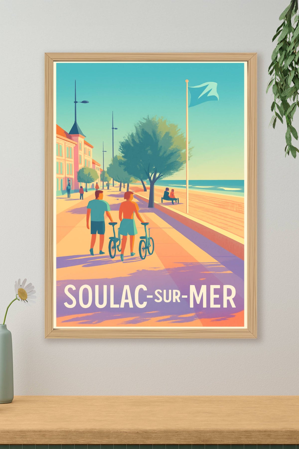 Affiche Soulac-sur-Mer — Promenade en bord de mer ensoleillée · poster d'art de Soulac-sur-Mer