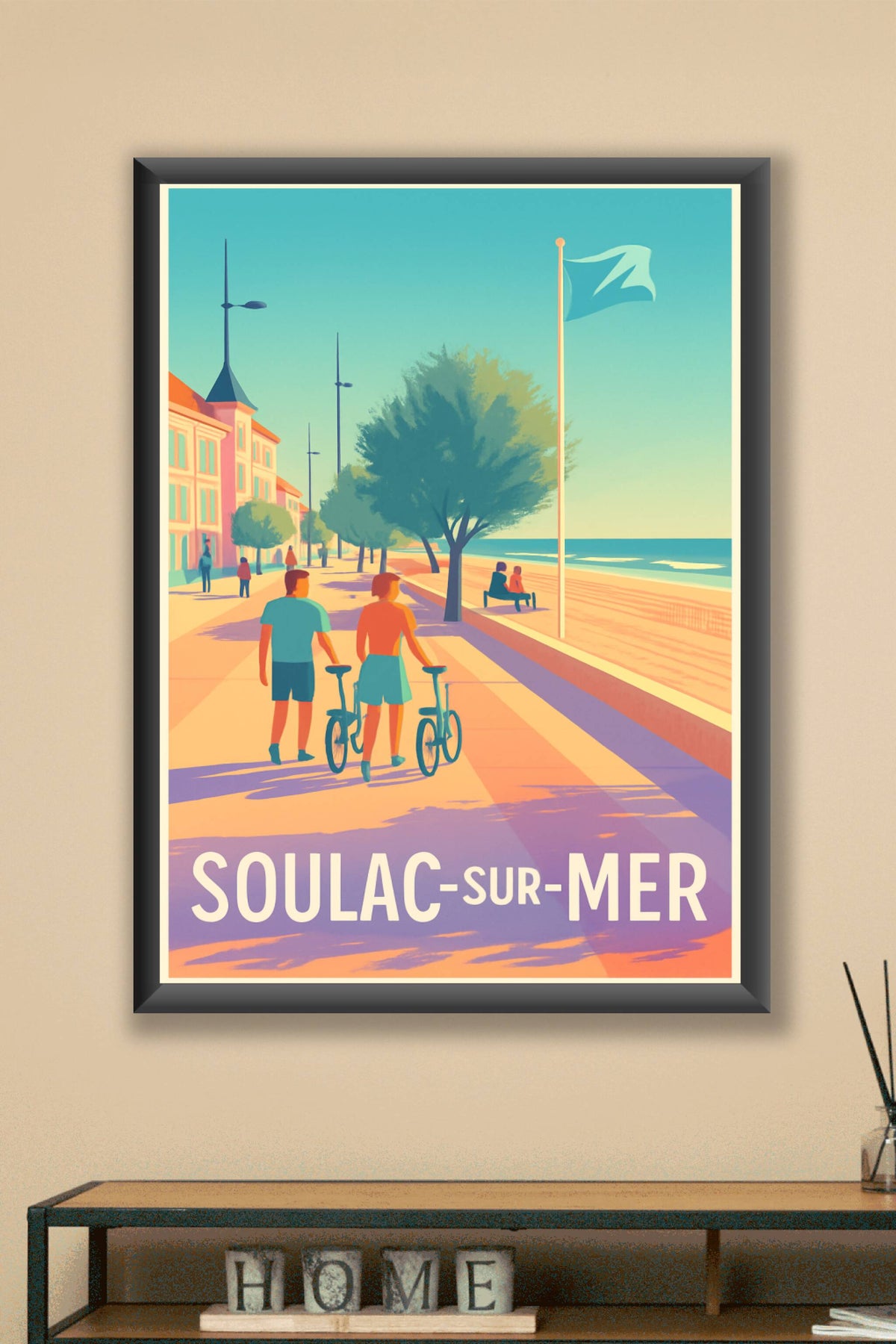 Affiche Soulac-sur-Mer — Promenade en bord de mer ensoleillée · poster d'art de Soulac-sur-Mer
