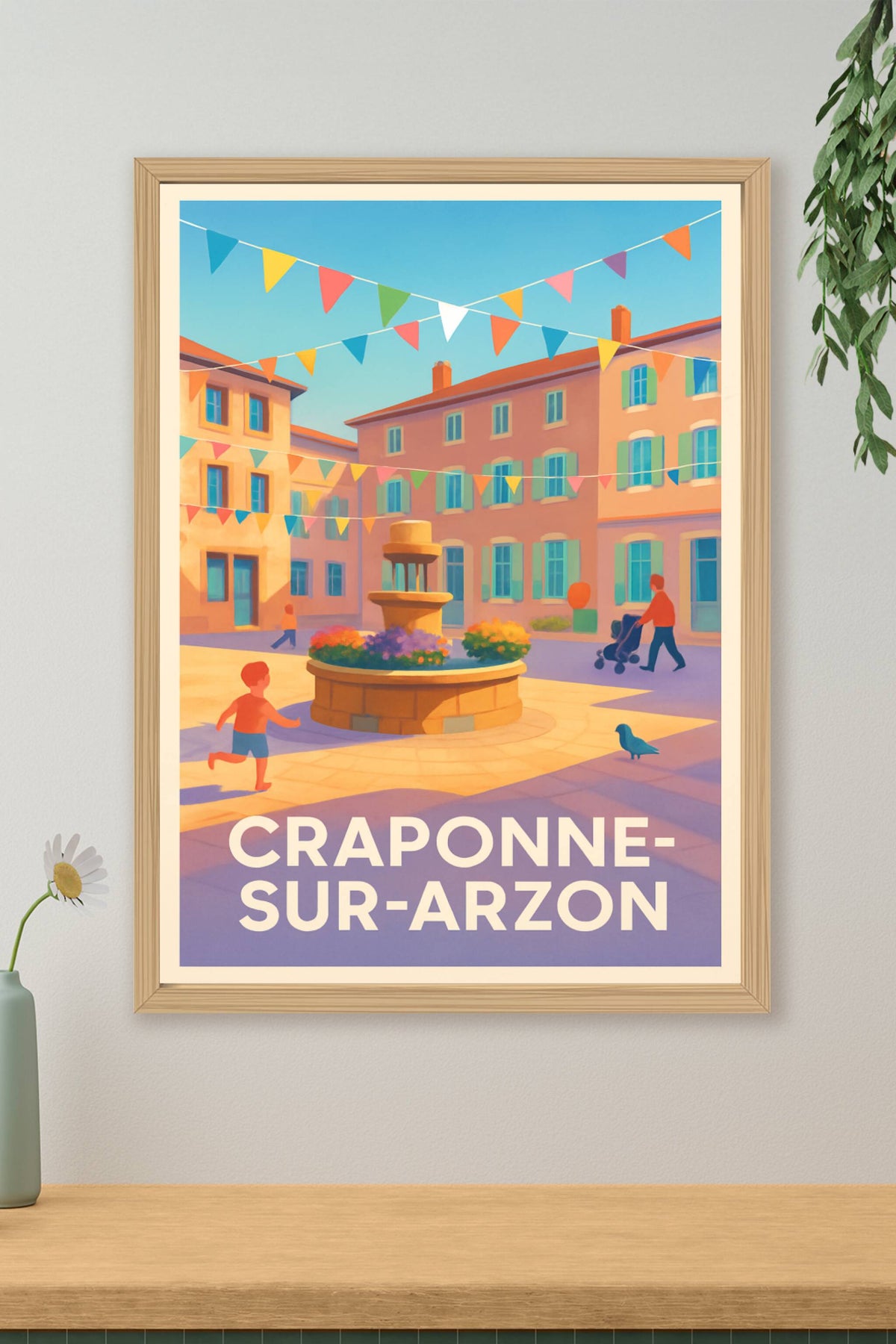 Affiche Craponne-sur-Arzon — Charme et convivialité au cœur de la place · poster d'art de Craponne-sur-Arzon