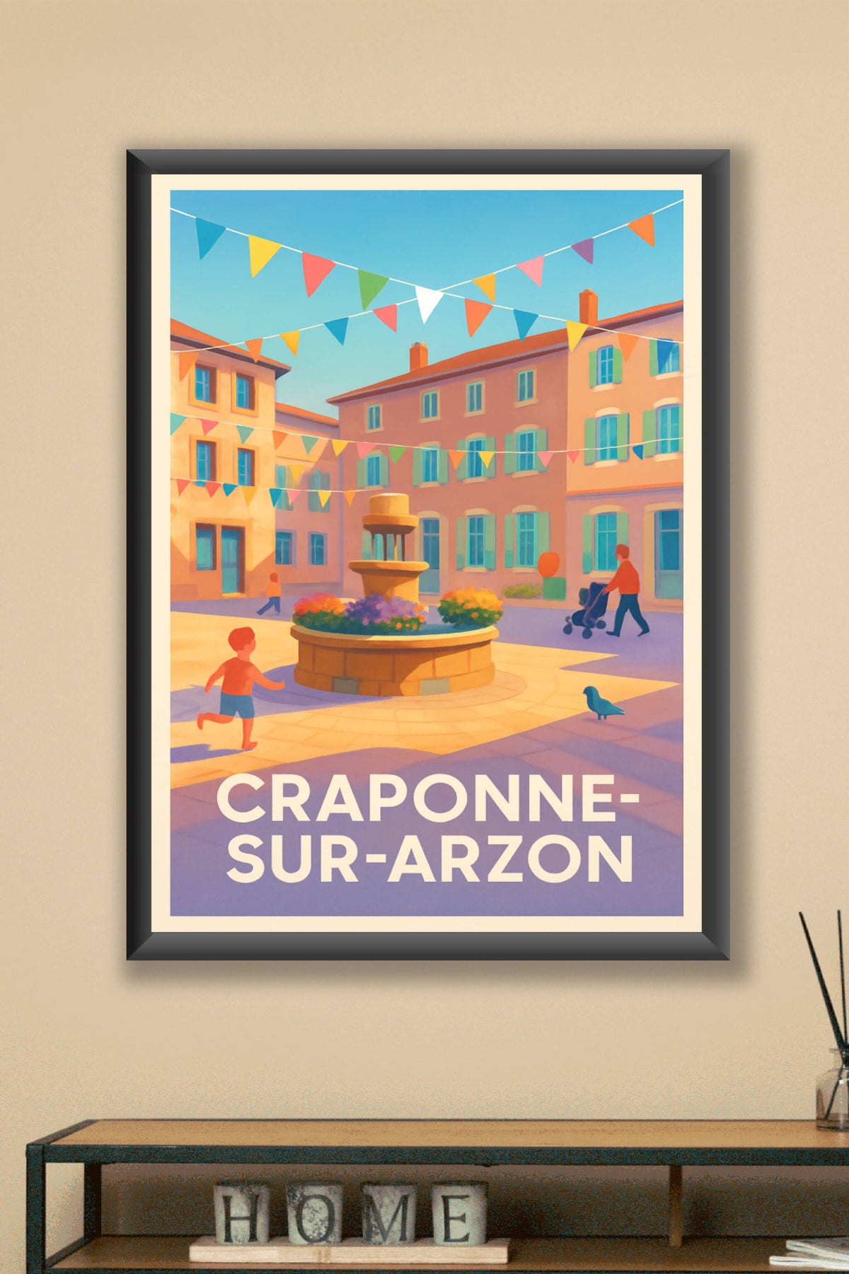 Affiche Craponne-sur-Arzon — Charme et convivialité au cœur de la place · poster d'art de Craponne-sur-Arzon