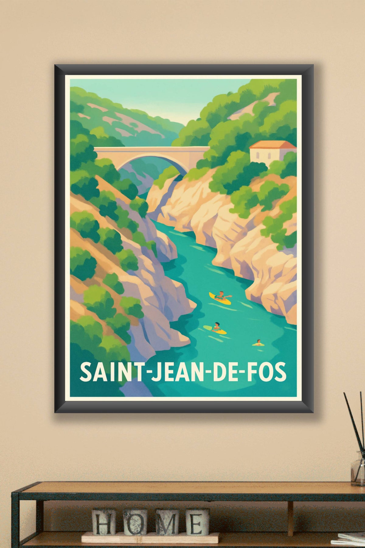 Affiche Saint-Jean-de-Fos — Évasion et nature au fil de l'eau · poster d'art de Saint-Jean-de-Fos