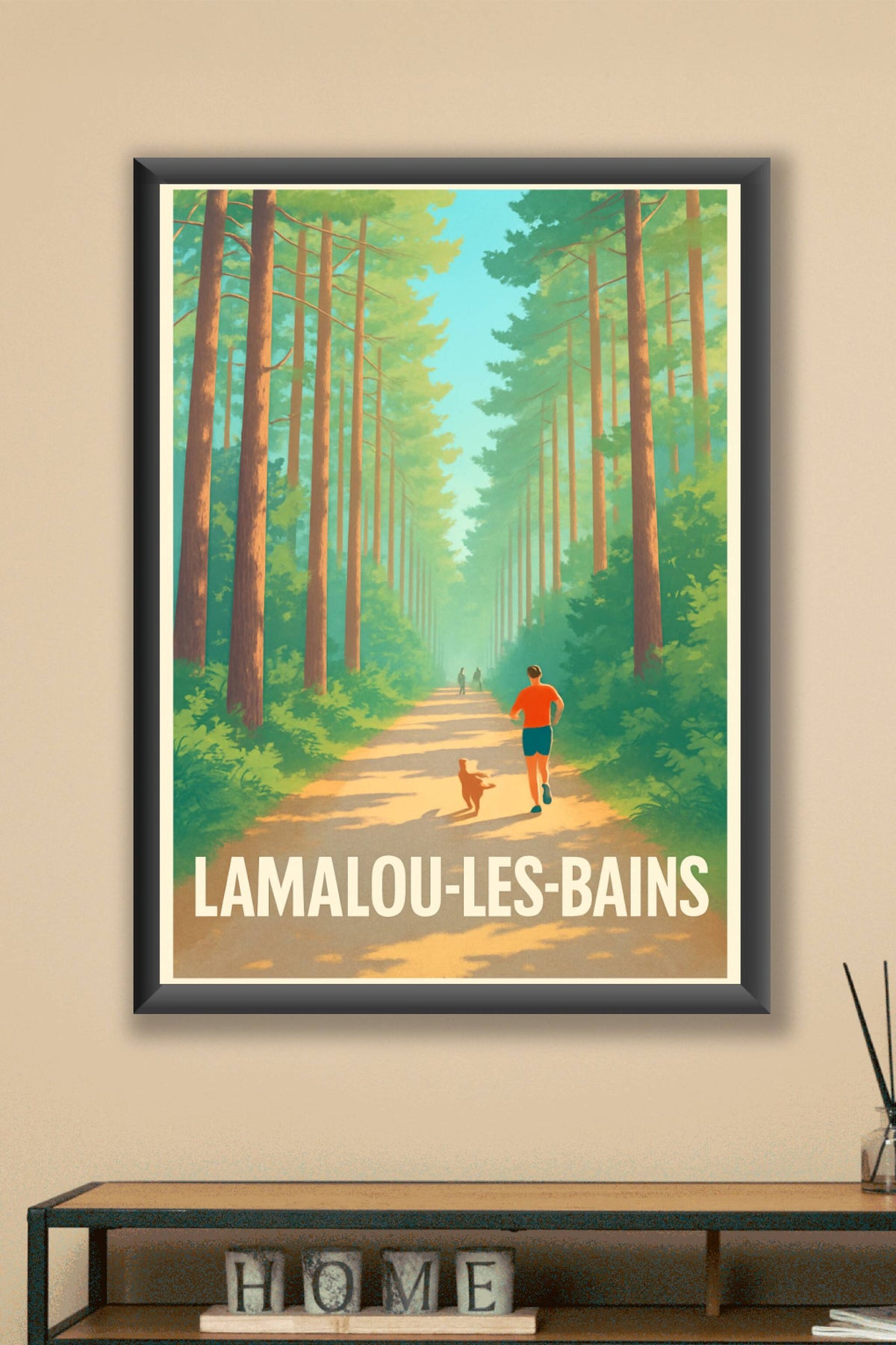 Affiche Lamalou-les-Bains — Promenade vivifiante en forêt · poster d'art de Lamalou-les-Bains