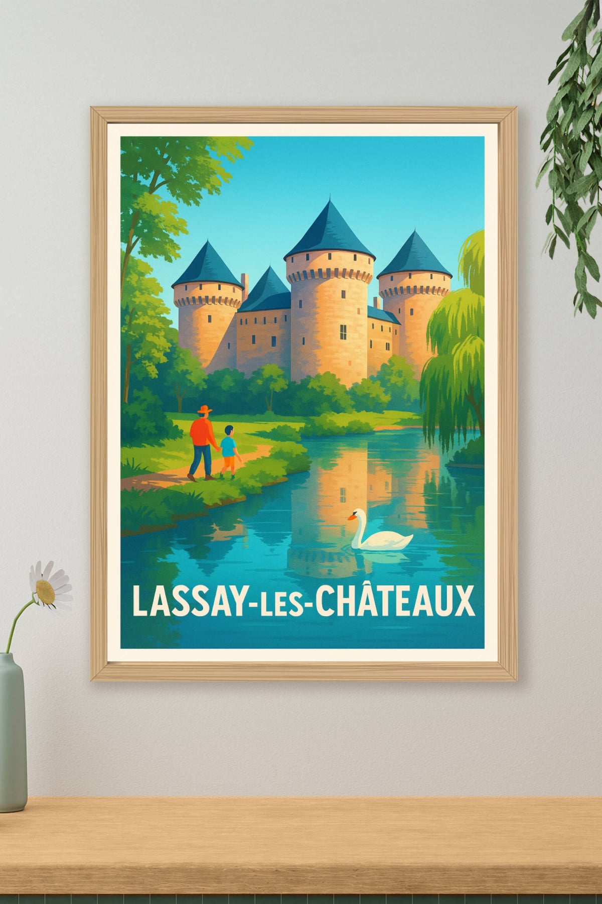 Affiche Lassay-les-Châteaux — Promenade au bord du château historique · poster d'art de Lassay-les-Châteaux