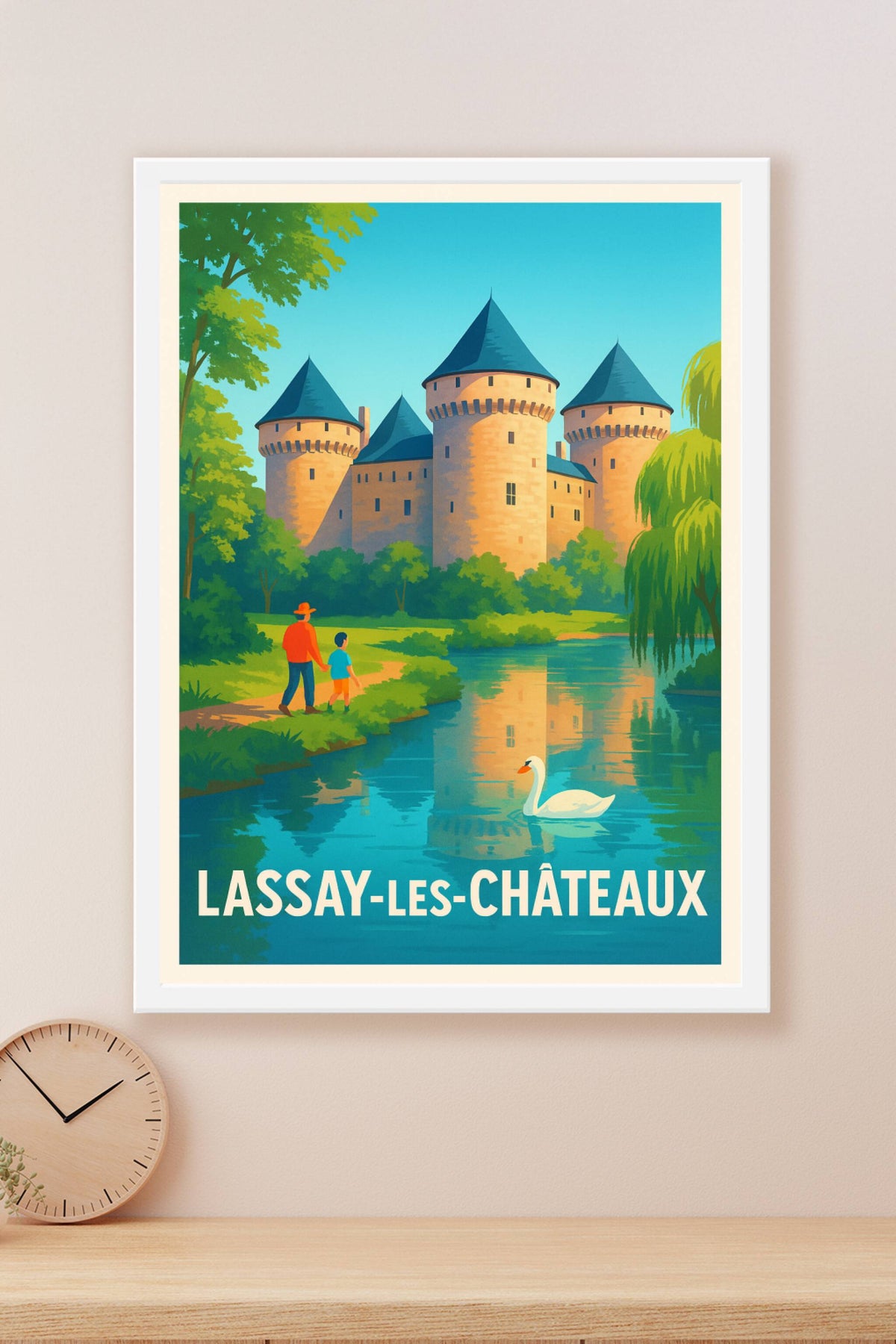 Affiche Lassay-les-Châteaux — Promenade au bord du château historique · poster d'art de Lassay-les-Châteaux