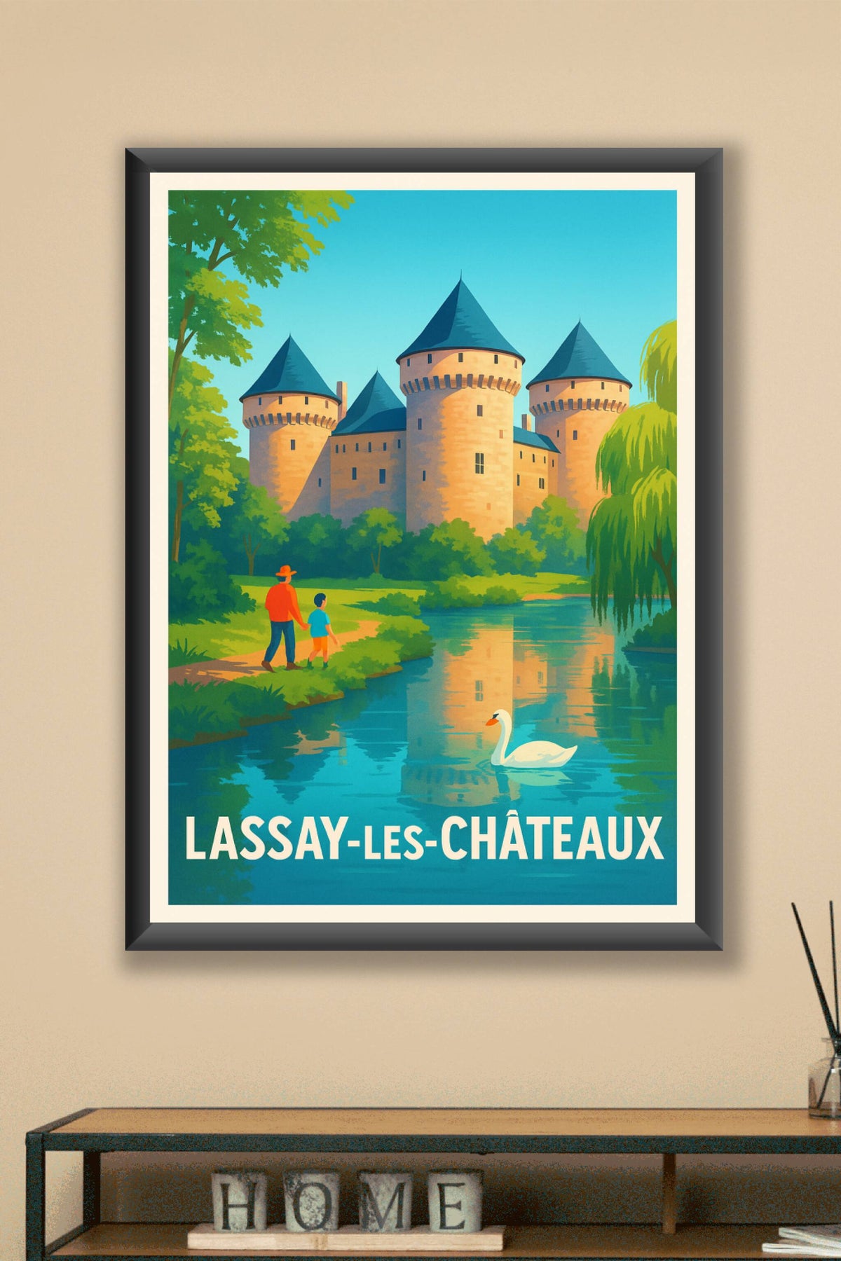 Affiche Lassay-les-Châteaux — Promenade au bord du château historique · poster d'art de Lassay-les-Châteaux