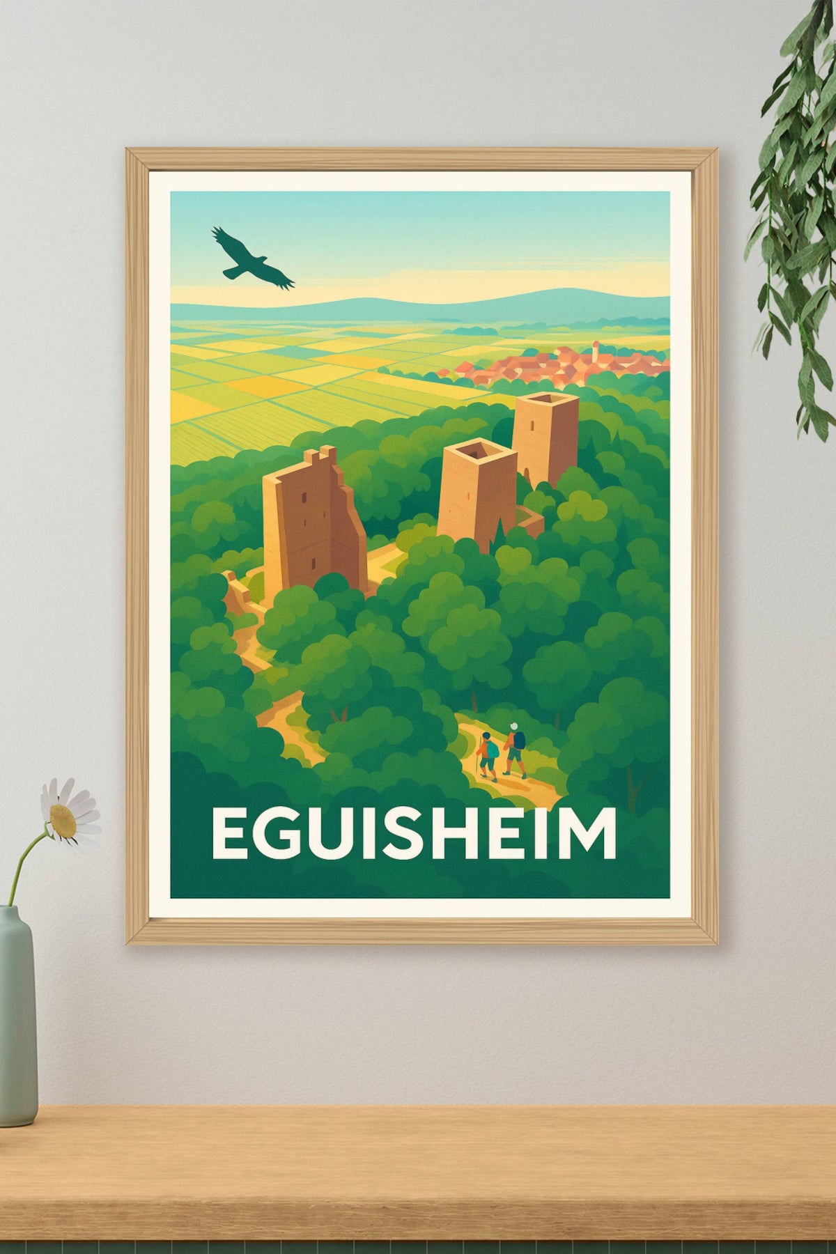 Affiche Eguisheim — Envolée au-dessus des tours médiévales · poster d'art de Eguisheim