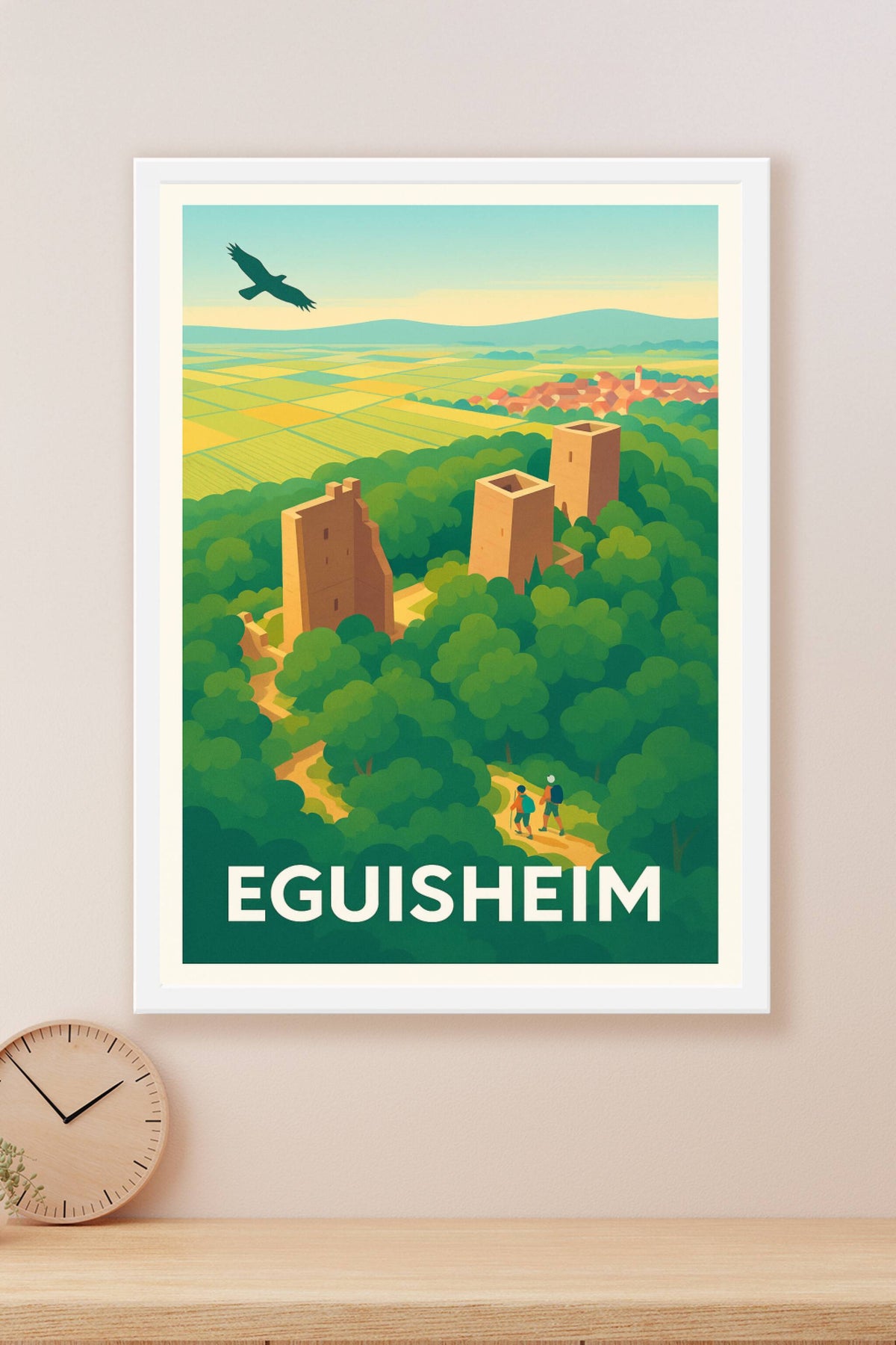 Affiche Eguisheim — Envolée au-dessus des tours médiévales · poster d'art de Eguisheim