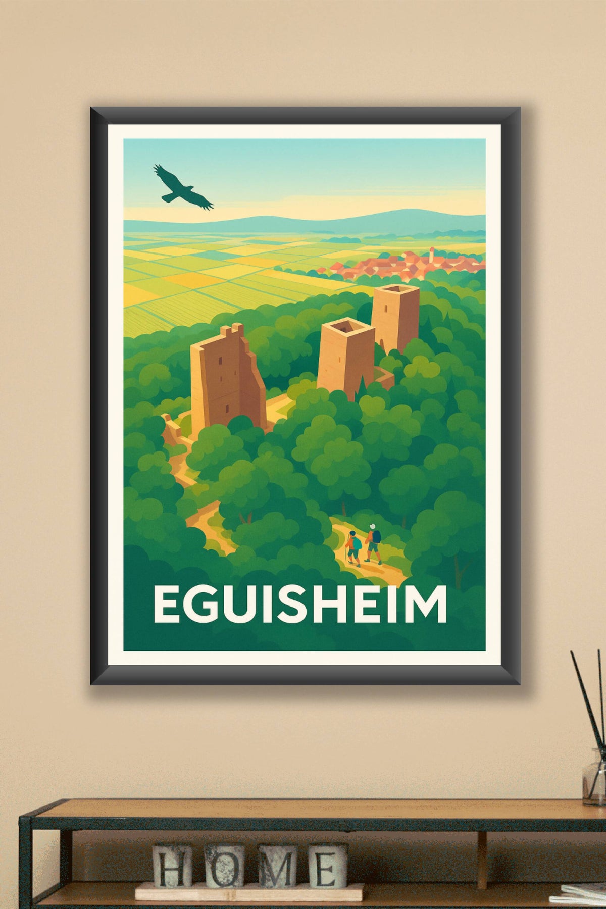 Affiche Eguisheim — Envolée au-dessus des tours médiévales · poster d'art de Eguisheim