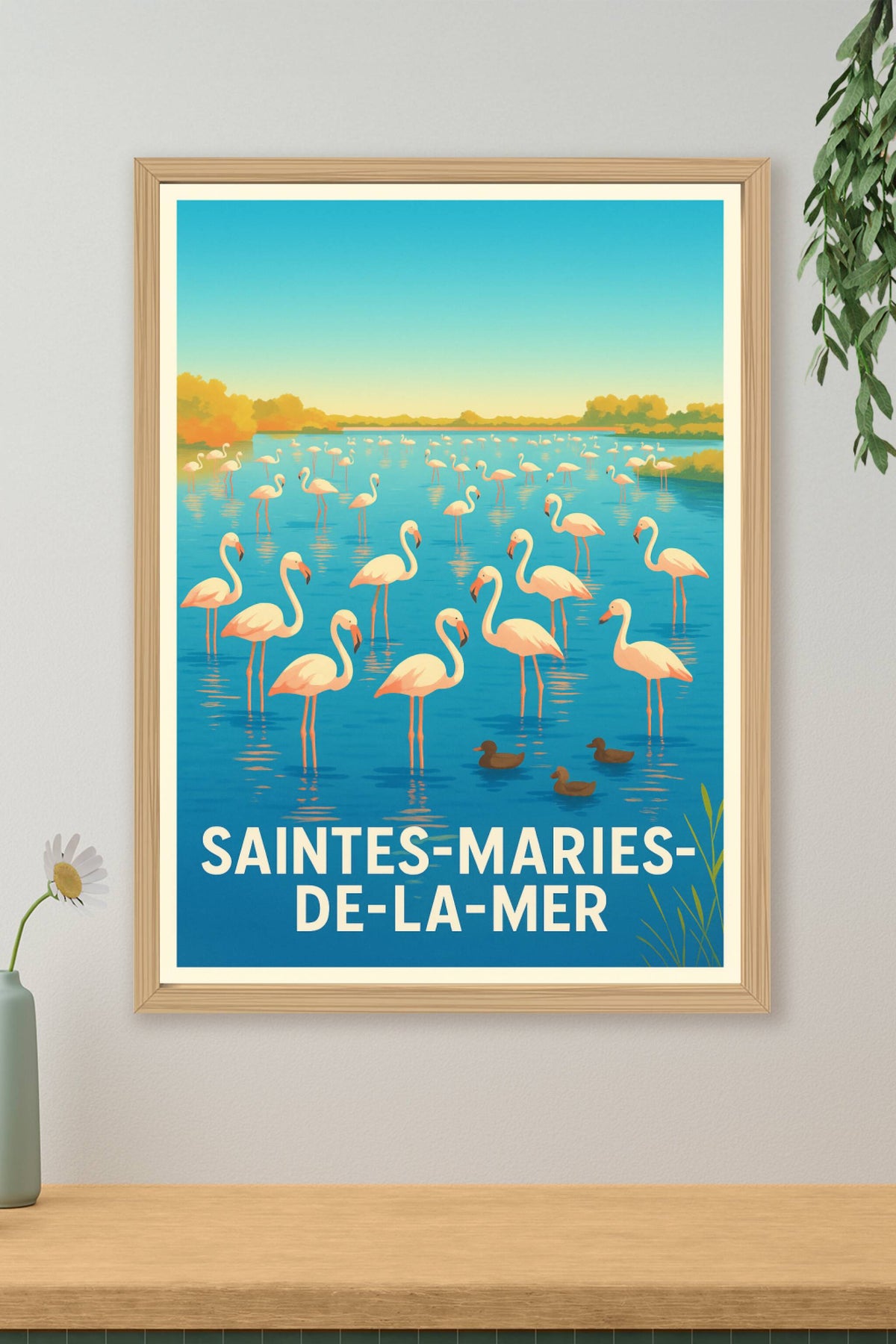 Affiche Saintes-Maries-de-la-Mer — Escapade nature entre flamants roses · poster d'art de Saintes-Maries-de-la-Mer