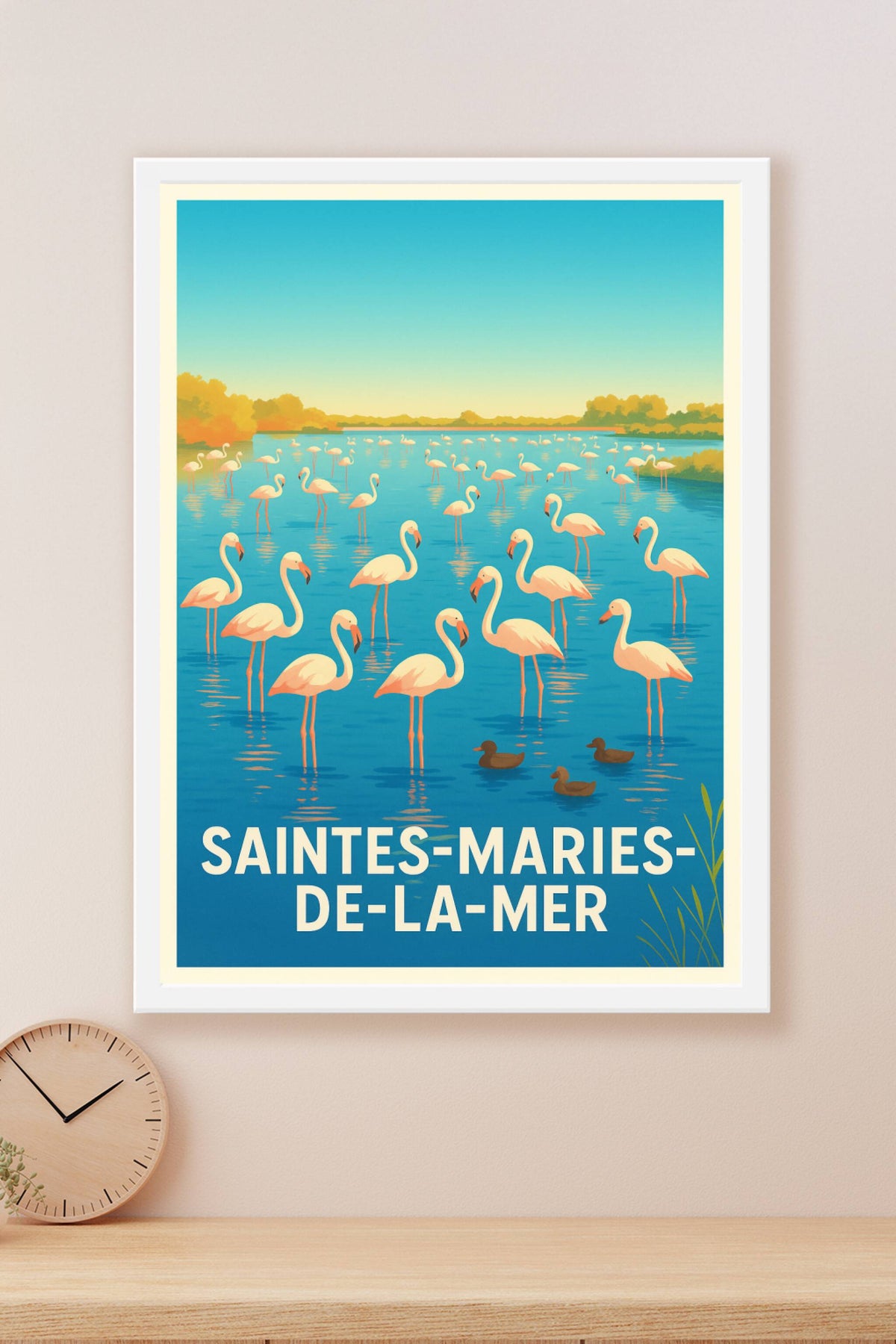 Affiche Saintes-Maries-de-la-Mer — Escapade nature entre flamants roses · poster d'art de Saintes-Maries-de-la-Mer