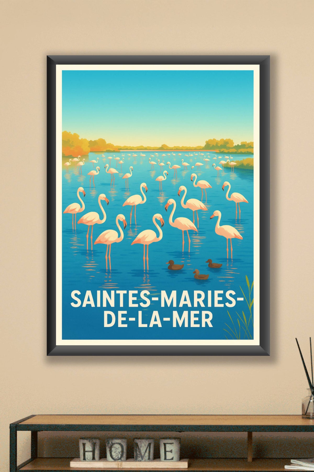 Affiche Saintes-Maries-de-la-Mer — Escapade nature entre flamants roses · poster d'art de Saintes-Maries-de-la-Mer