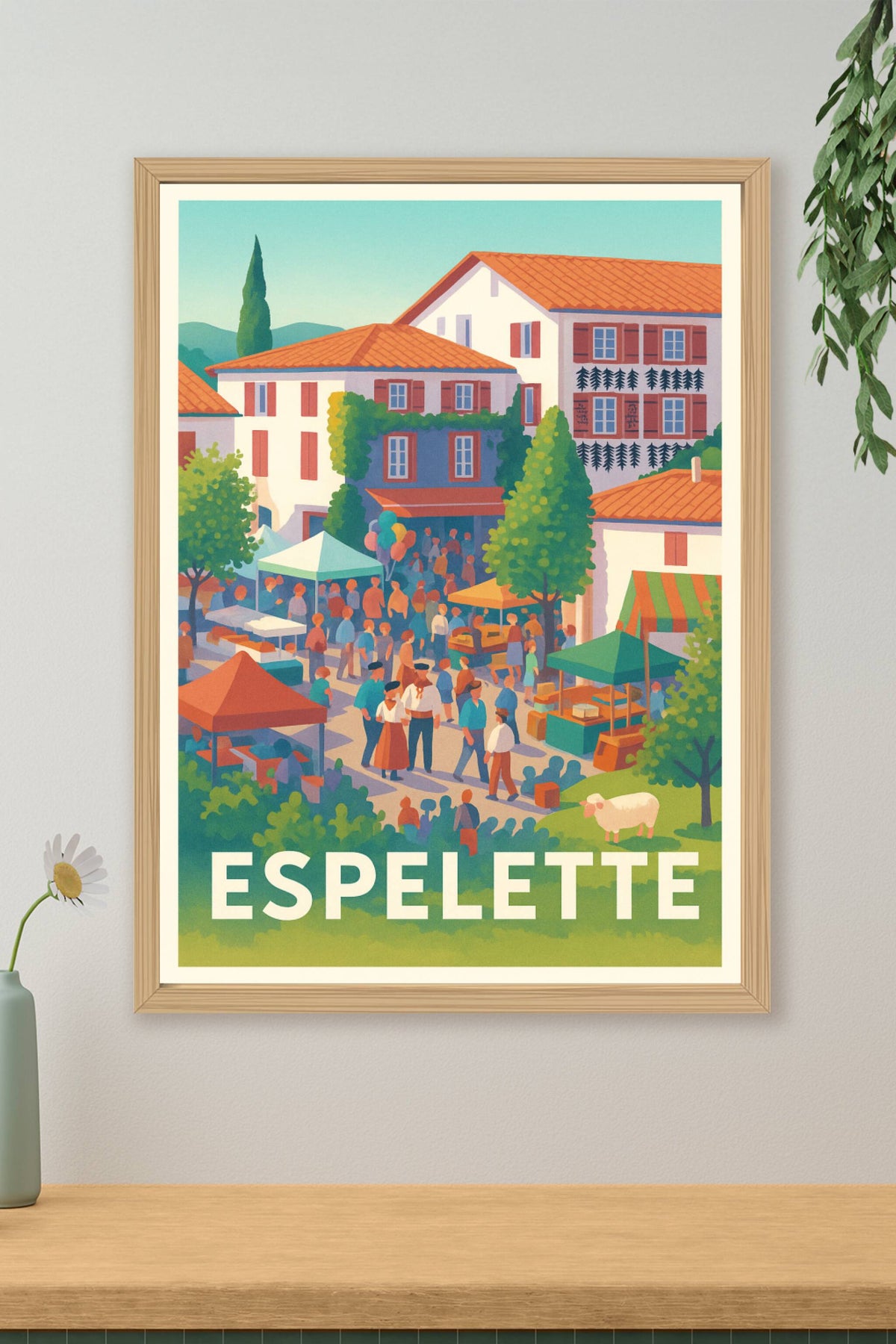 Affiche Espelette — L'animation conviviale du marché traditionnel · poster d'art de Espelette