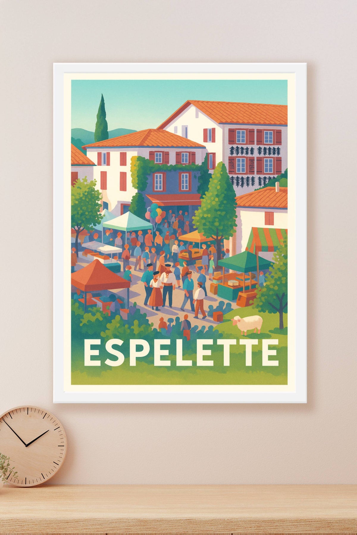Affiche Espelette — L'animation conviviale du marché traditionnel · poster d'art de Espelette
