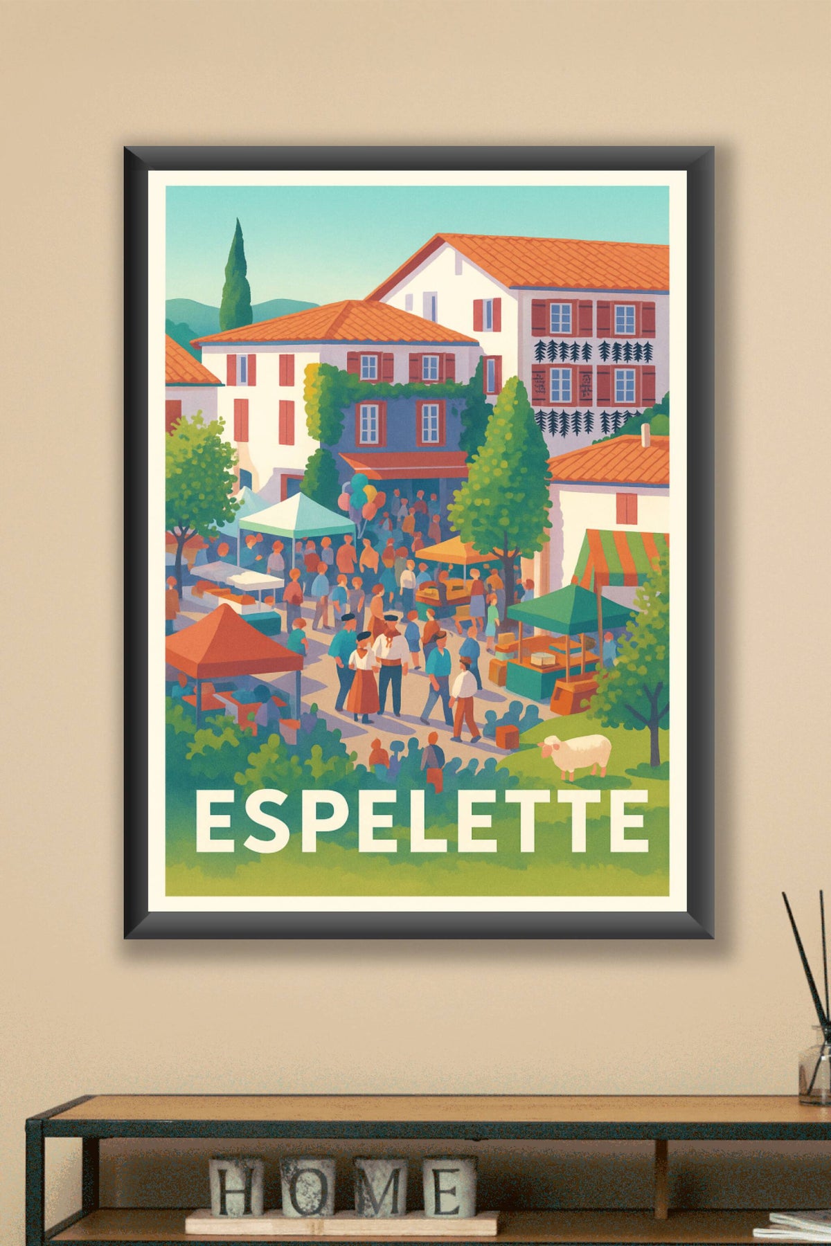 Affiche Espelette — L'animation conviviale du marché traditionnel · poster d'art de Espelette