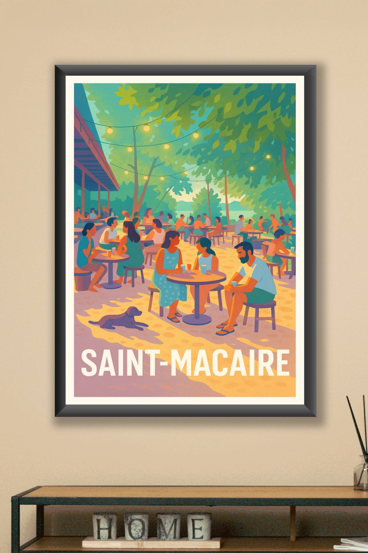 Affiche Saint-Macaire — Ambiance conviviale sous les guirlandes lumineuses · poster d'art de Saint-Macaire