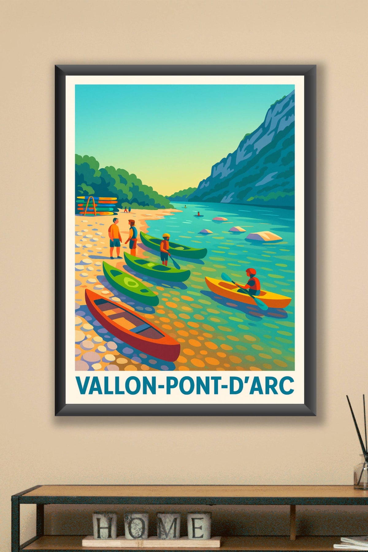 Affiche Vallon-Pont-d'Arc — Aventure en canoë au cœur de la nature · poster d'art de Vallon-Pont-d'Arc