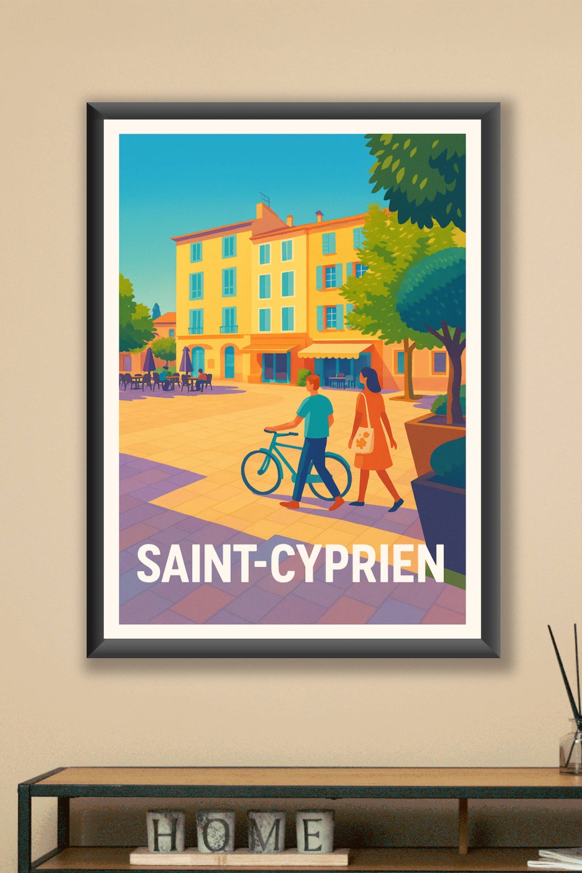 Affiche Saint-Cyprien — Promenade ensoleillée au cœur du village · poster d'art de Saint-Cyprien
