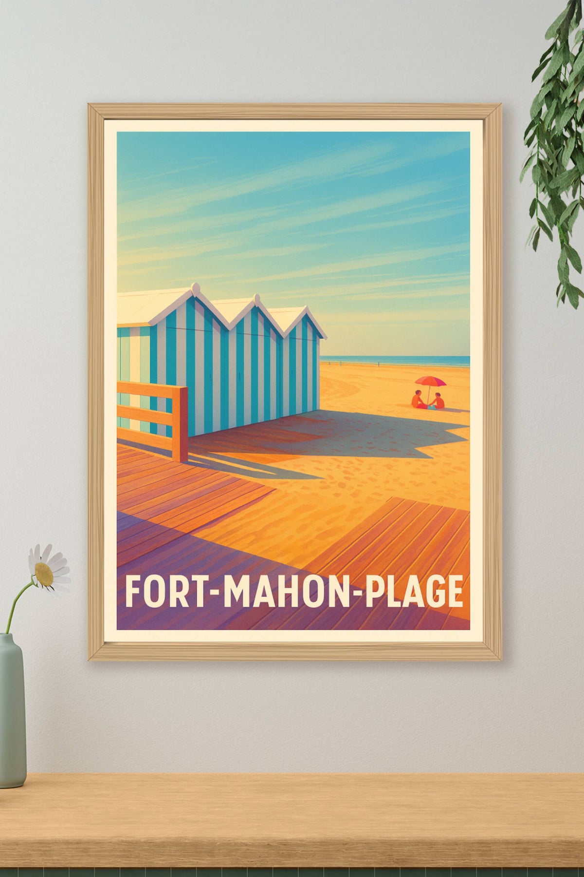 Affiche Fort-Mahon-Plage — Charme estival des cabines colorées · poster d'art de Fort-Mahon-Plage