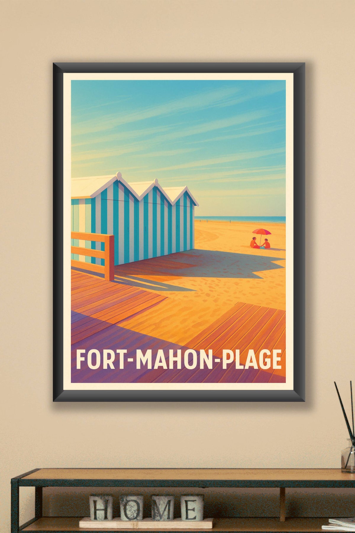 Affiche Fort-Mahon-Plage — Charme estival des cabines colorées · poster d'art de Fort-Mahon-Plage