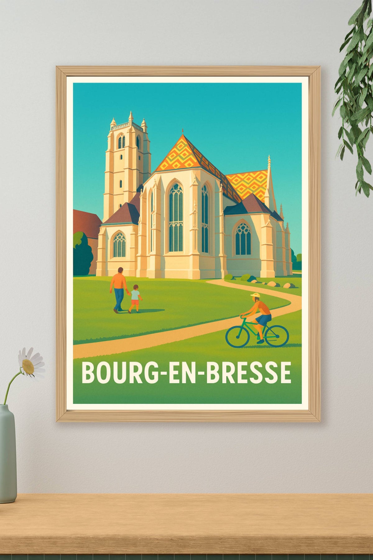 Affiche Bourg-en-Bresse — Sérénité architecturale et balade en famille · poster d'art de Bourg-en-Bresse