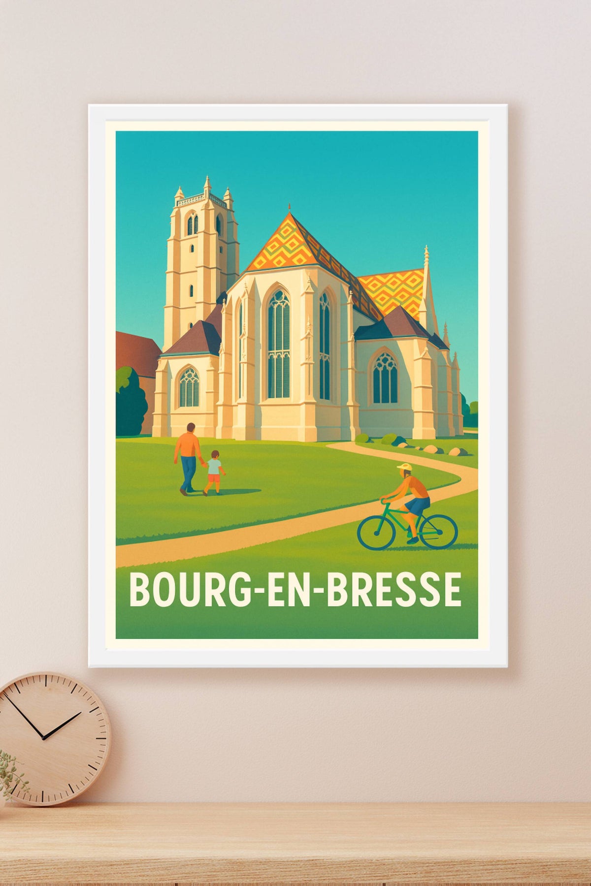 Affiche Bourg-en-Bresse — Sérénité architecturale et balade en famille · poster d'art de Bourg-en-Bresse