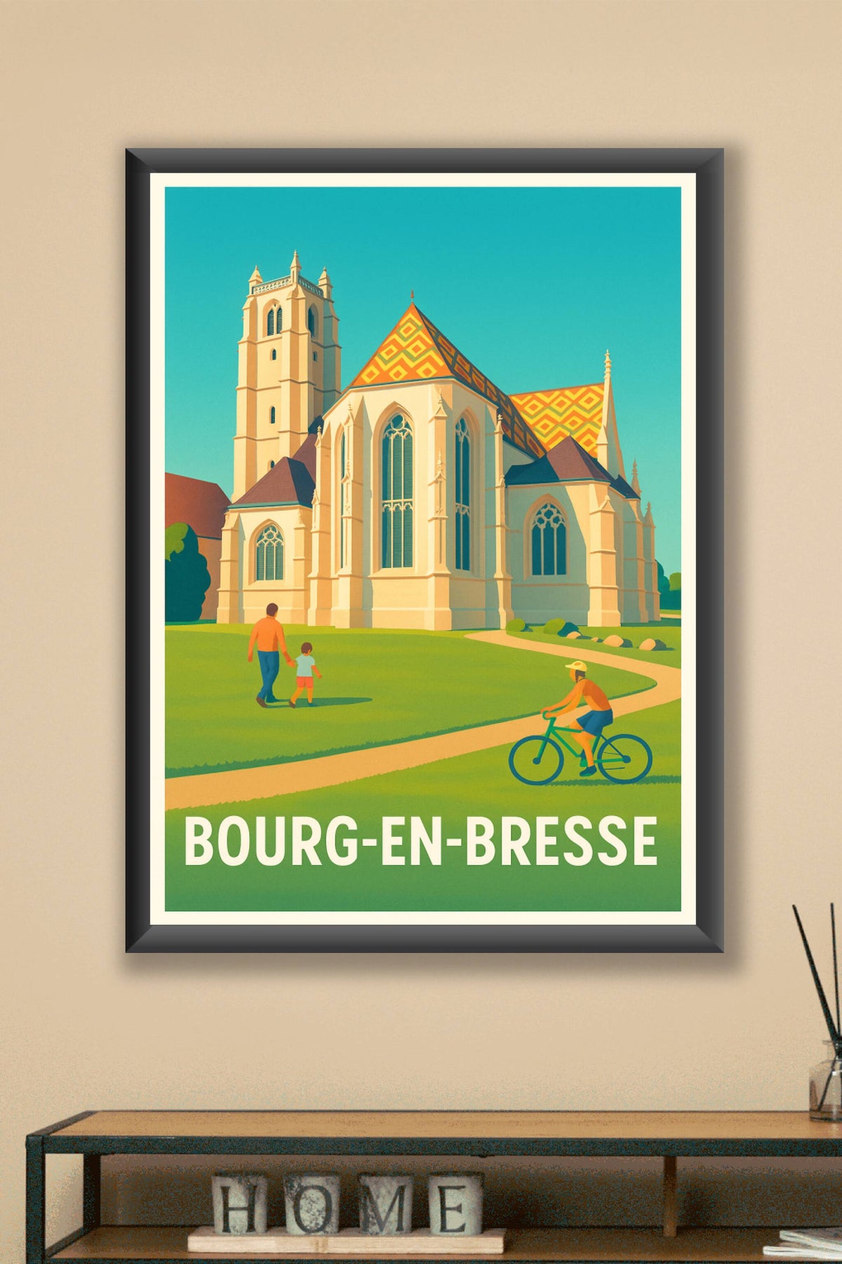 Affiche Bourg-en-Bresse — Sérénité architecturale et balade en famille · poster d'art de Bourg-en-Bresse