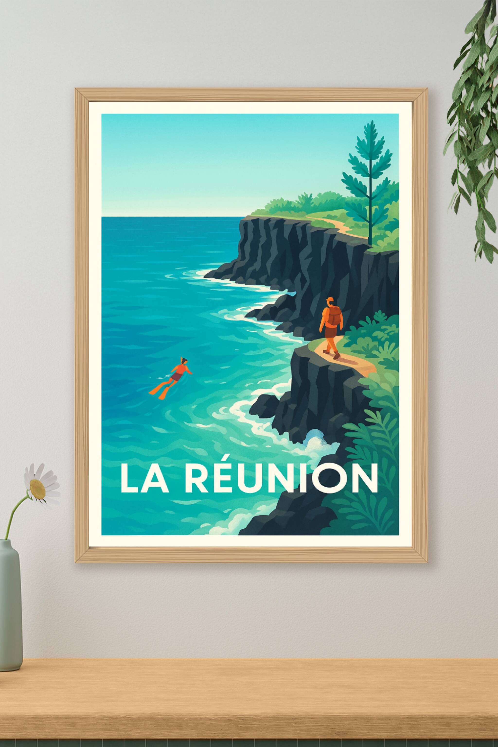 Affiche de La Réunion - Aventure et évasion sur les falaises sauvages