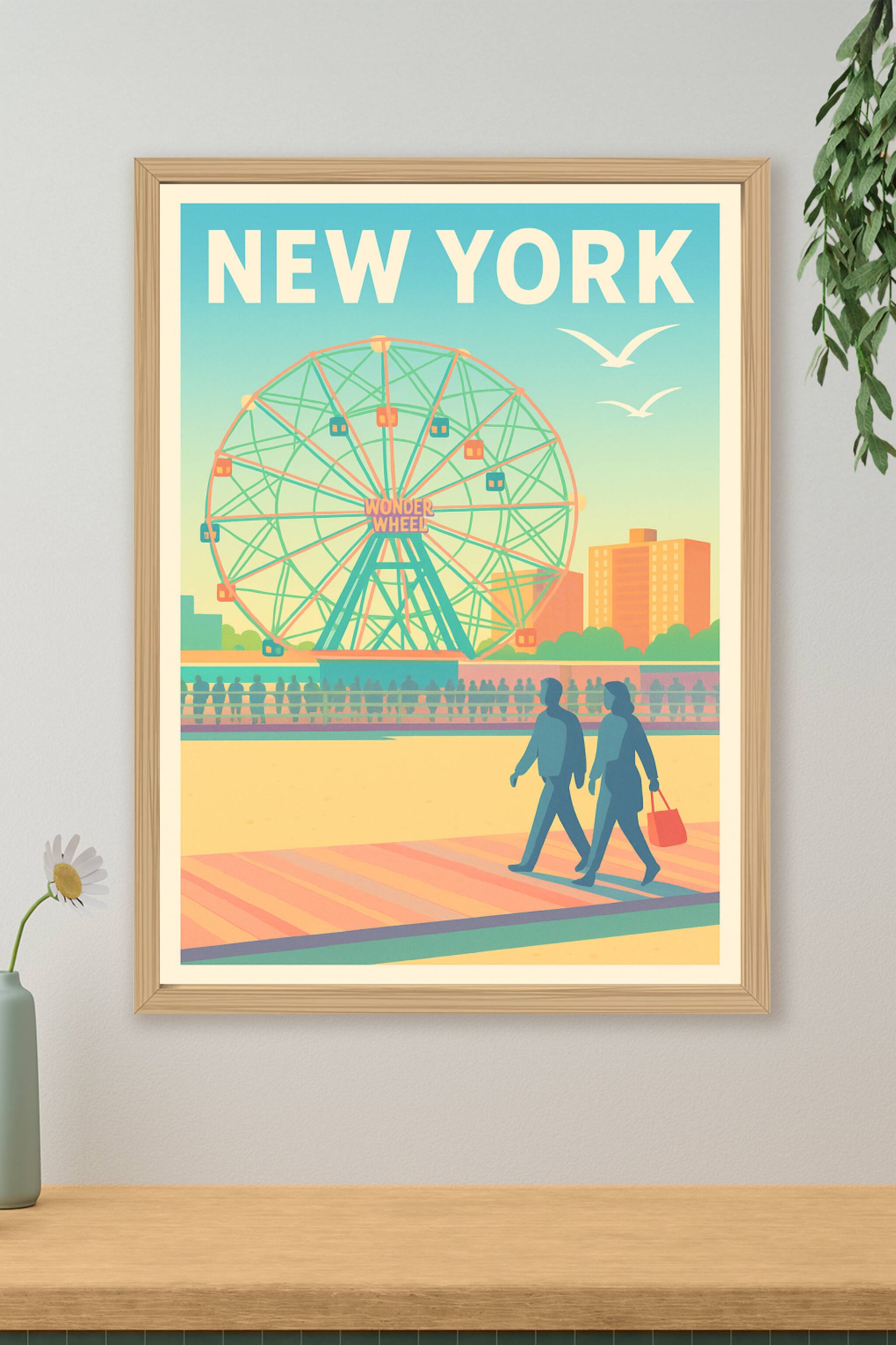 Affiche de New York - Panorama vintage de la Wonder Wheel