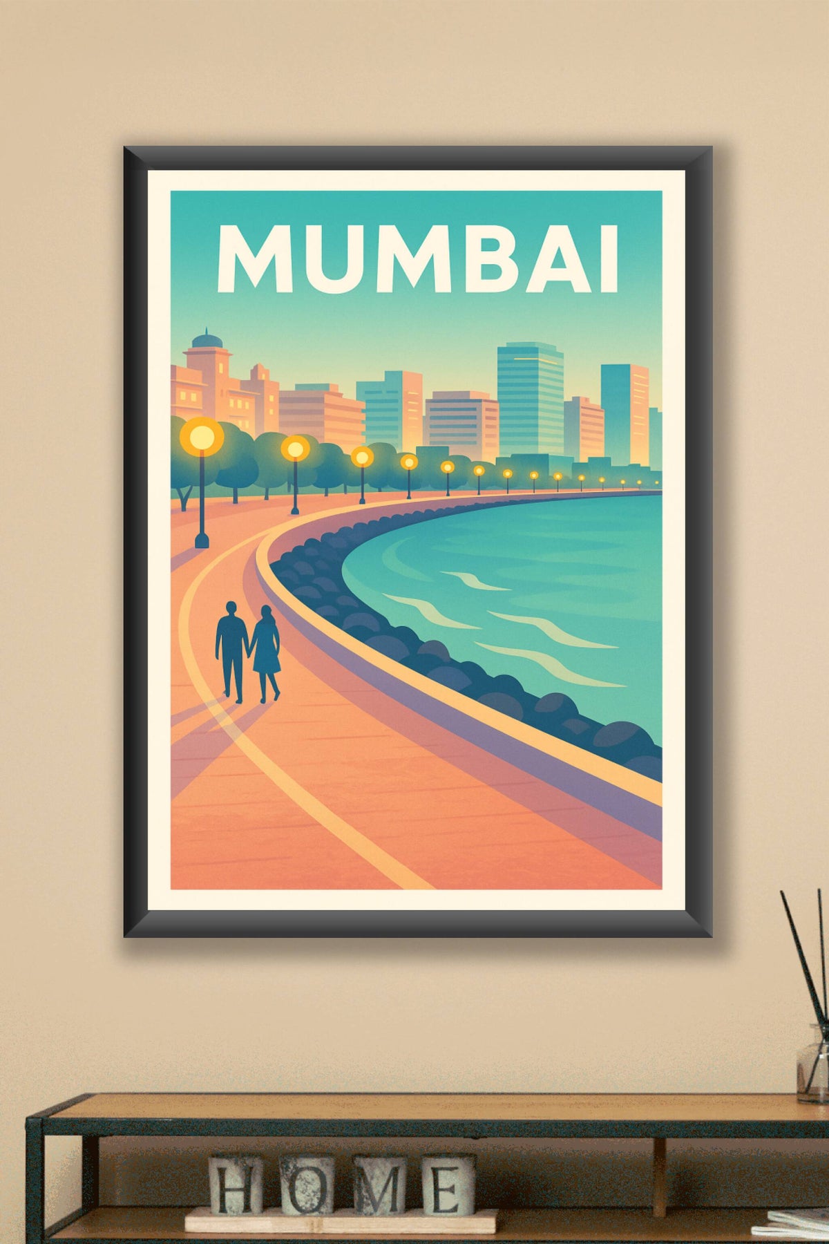 Affiche Mumbai — Promenade au bord de la mer au crépuscule · poster d'art de Mumbai