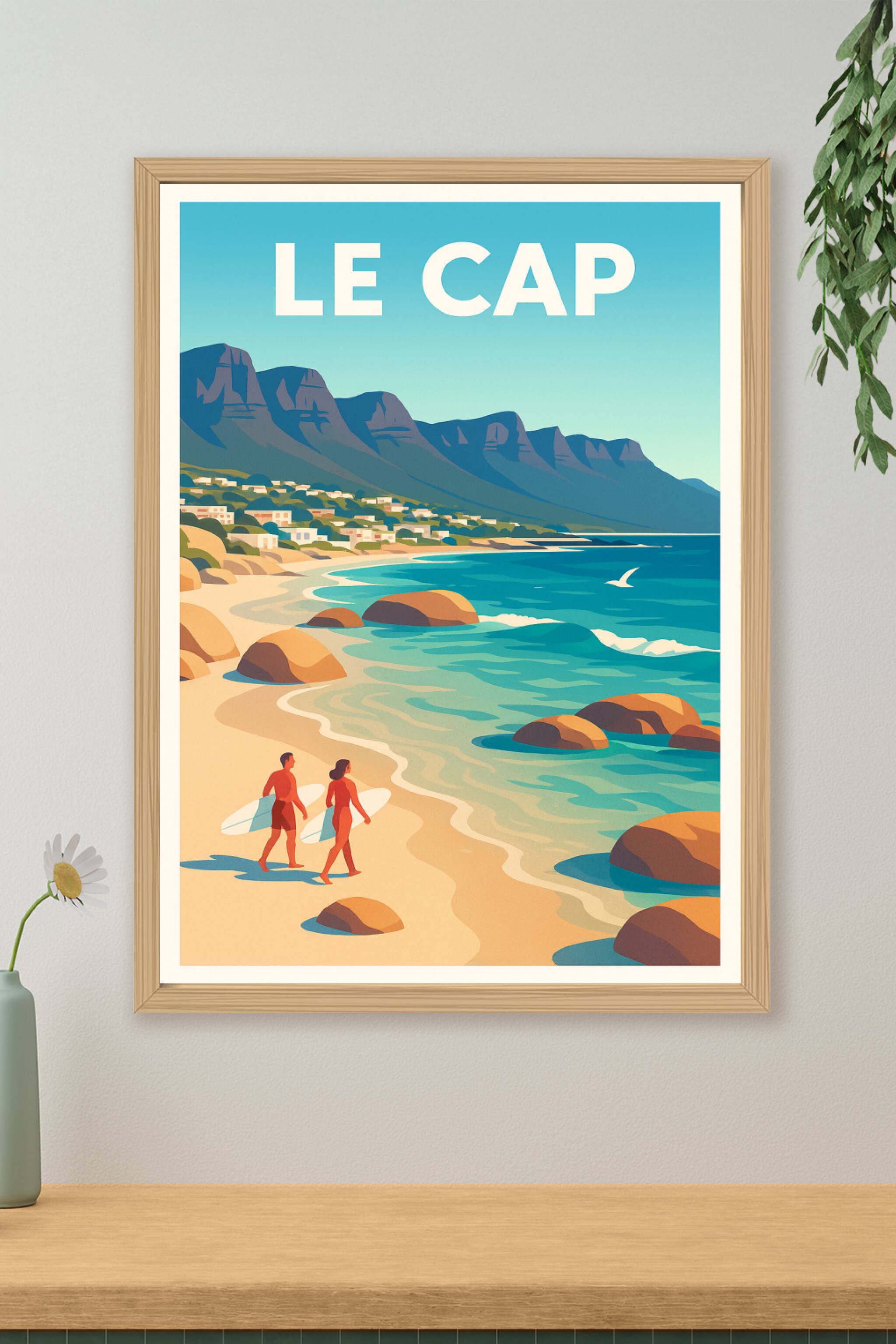 Affiche de Le Cap - Horizon sur la plage et montagnes emblématiques