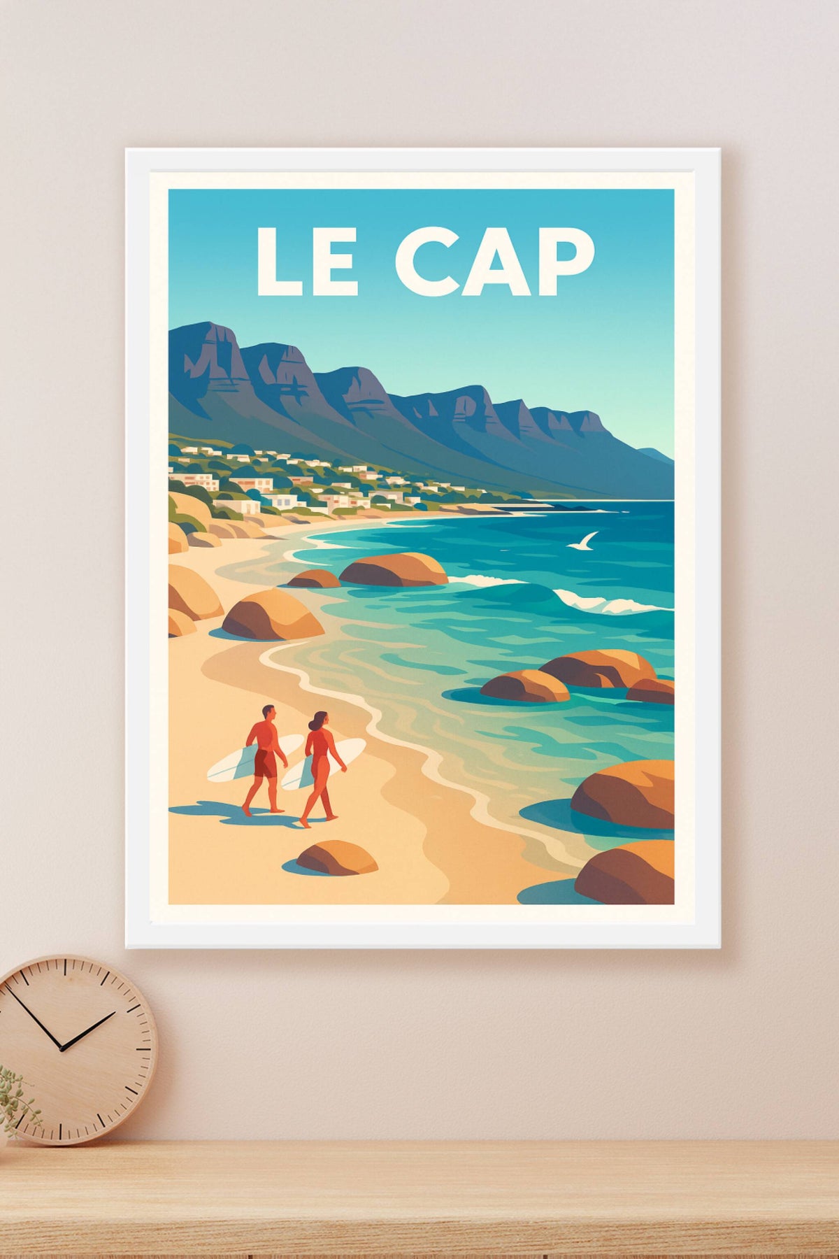 Affiche Le Cap — Horizon sur la plage et montagnes emblématiques · poster d'art de Le Cap