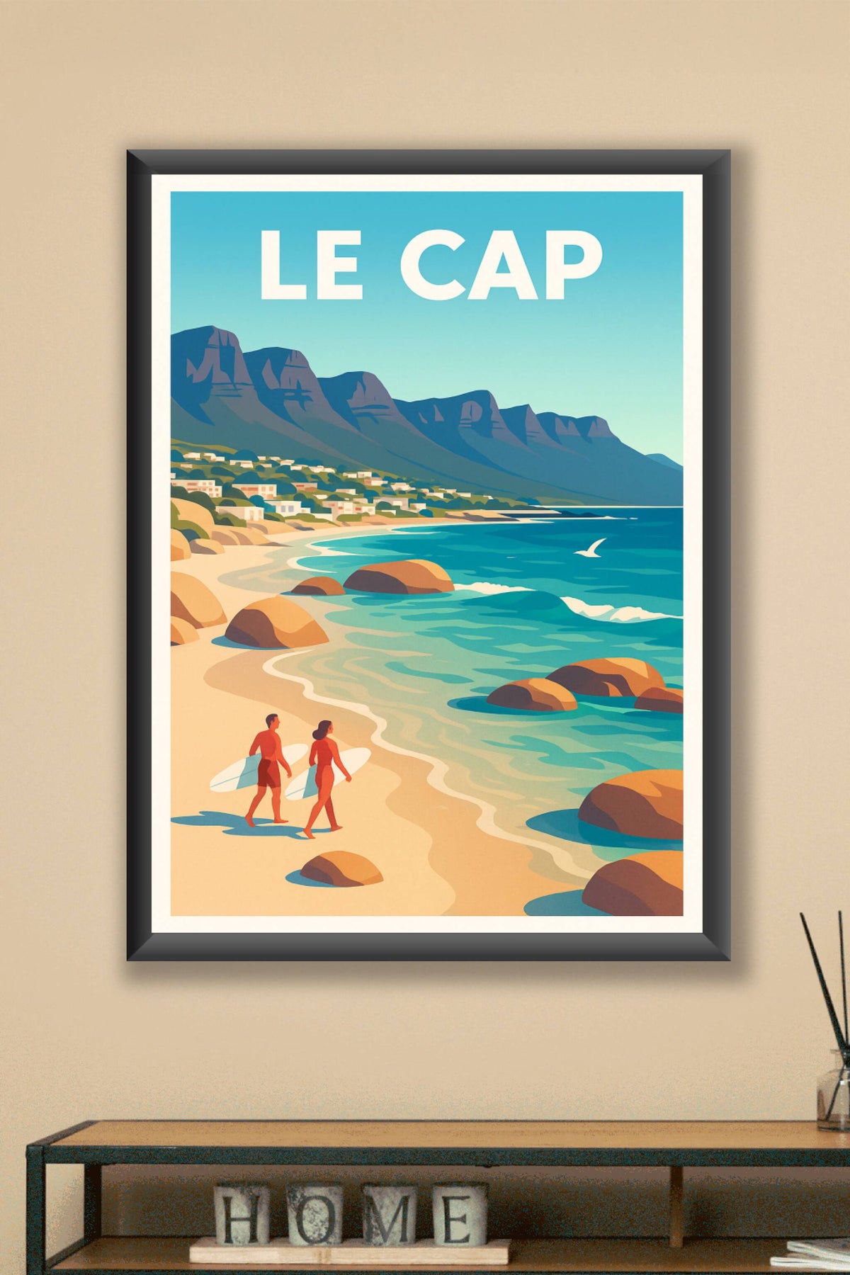 Affiche Le Cap — Horizon sur la plage et montagnes emblématiques · poster d'art de Le Cap
