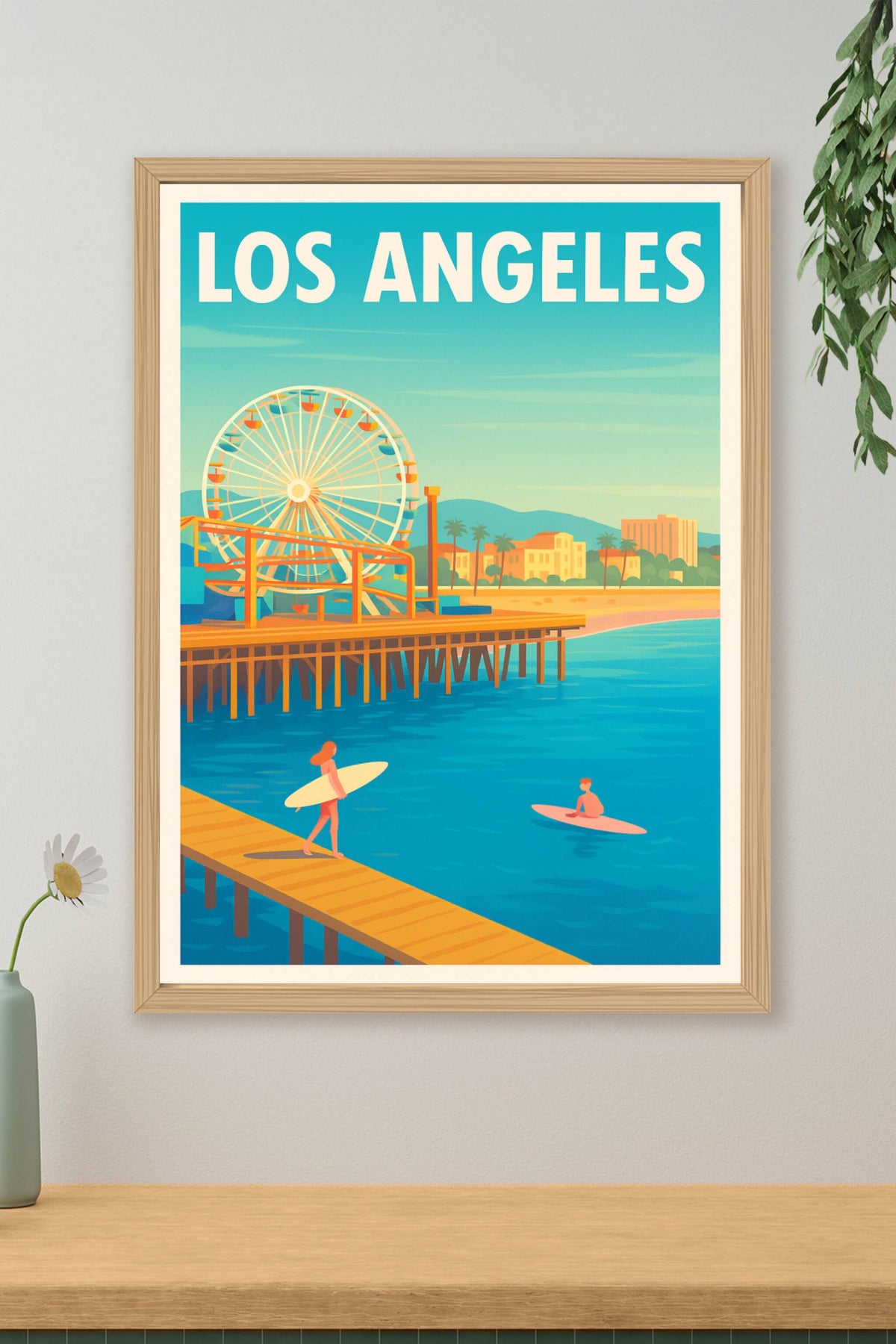 Affiche Los Angeles — Soleil et surf au pier emblématique · poster d'art de Los Angeles