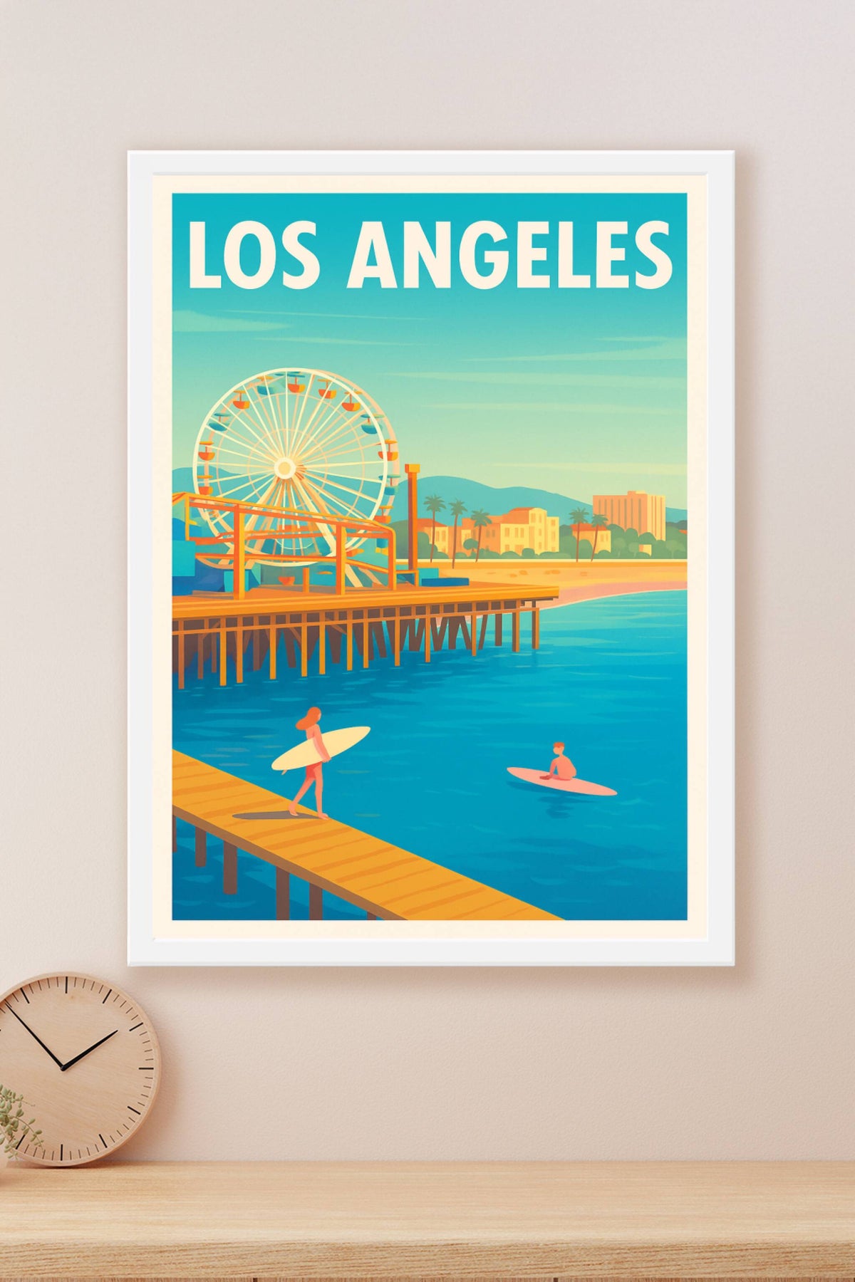 Affiche Los Angeles — Soleil et surf au pier emblématique · poster d'art de Los Angeles