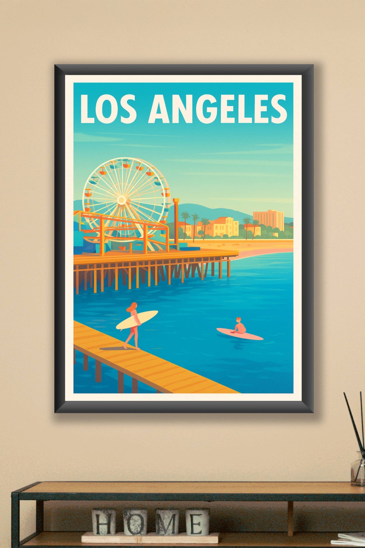 Affiche Los Angeles — Soleil et surf au pier emblématique · poster d'art de Los Angeles