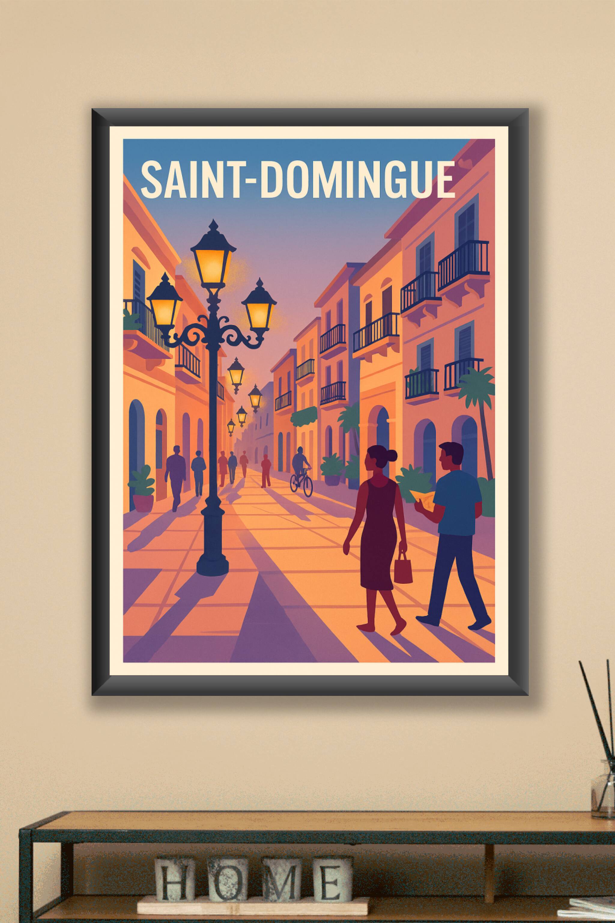 Affiche Saint-Domingue — Promenade au crépuscule dans la vieille ville · poster d'art de Saint-Domingue