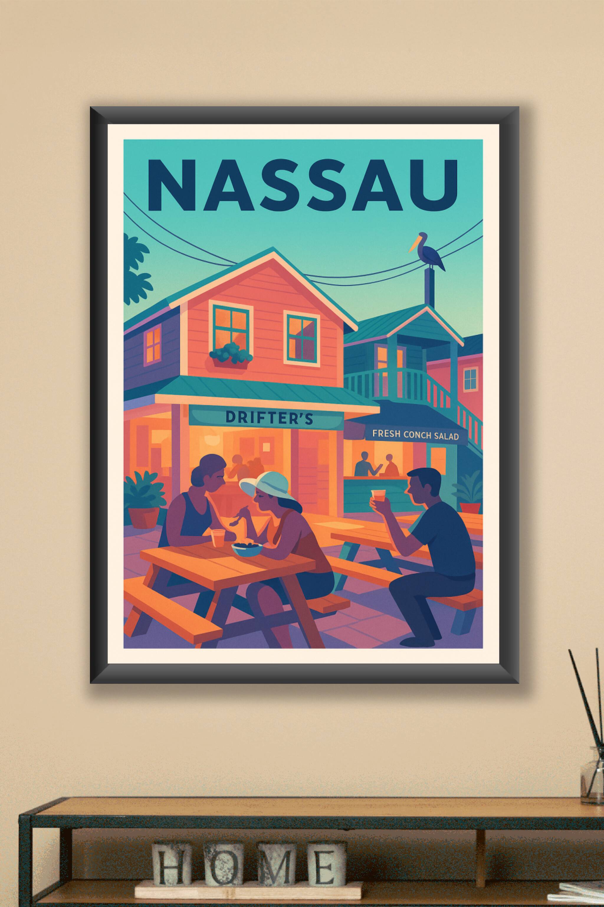 Affiche Nassau — Ambiance décontractée et saveurs locales · poster d'art de Nassau