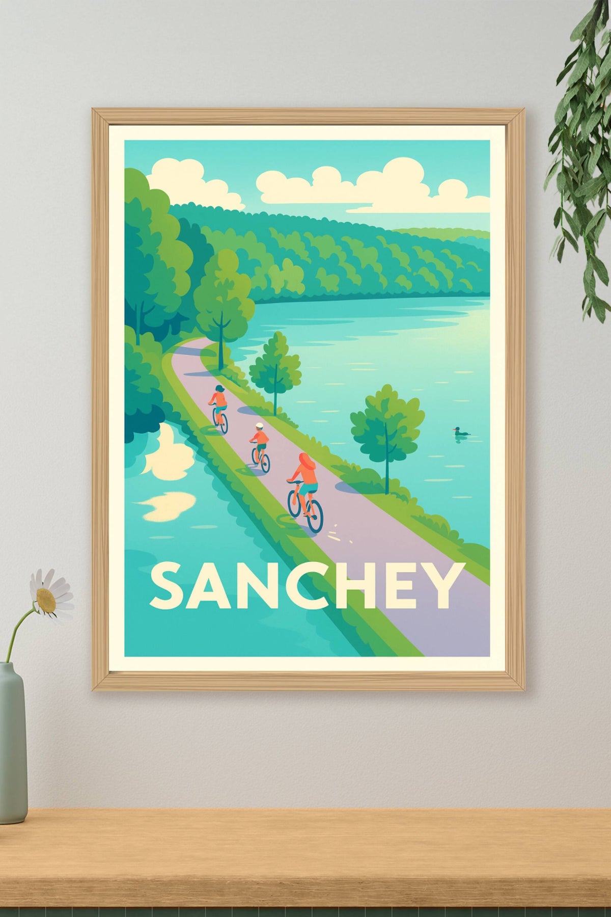 Affiche Sanchey — Évasion à vélo au bord de l'eau · poster d'art de Sanchey