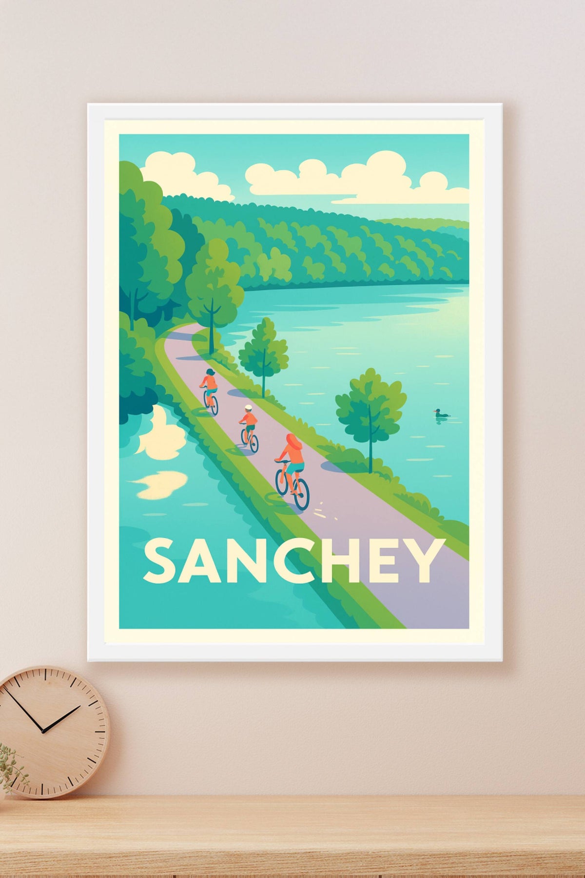 Affiche Sanchey — Évasion à vélo au bord de l'eau · poster d'art de Sanchey