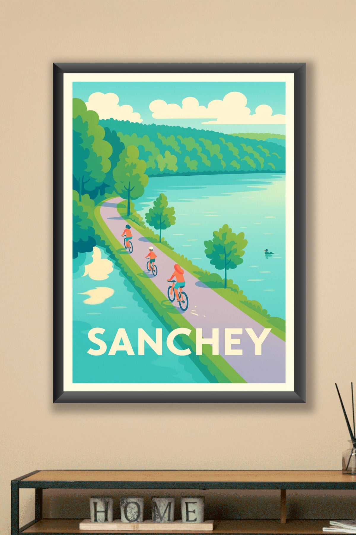 Affiche Sanchey — Évasion à vélo au bord de l'eau · poster d'art de Sanchey