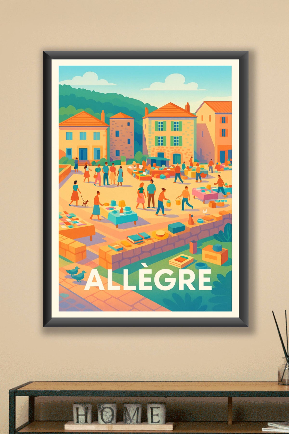 Affiche Allègre — Ambiance conviviale au marché du village · poster d'art de Allègre