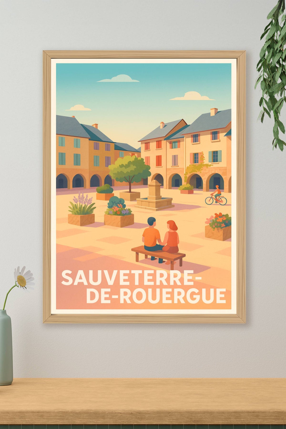 Affiche Sauveterre-de-Rouergue — Charme et douceur en midi rouge · poster d'art de Sauveterre-de-Rouergue