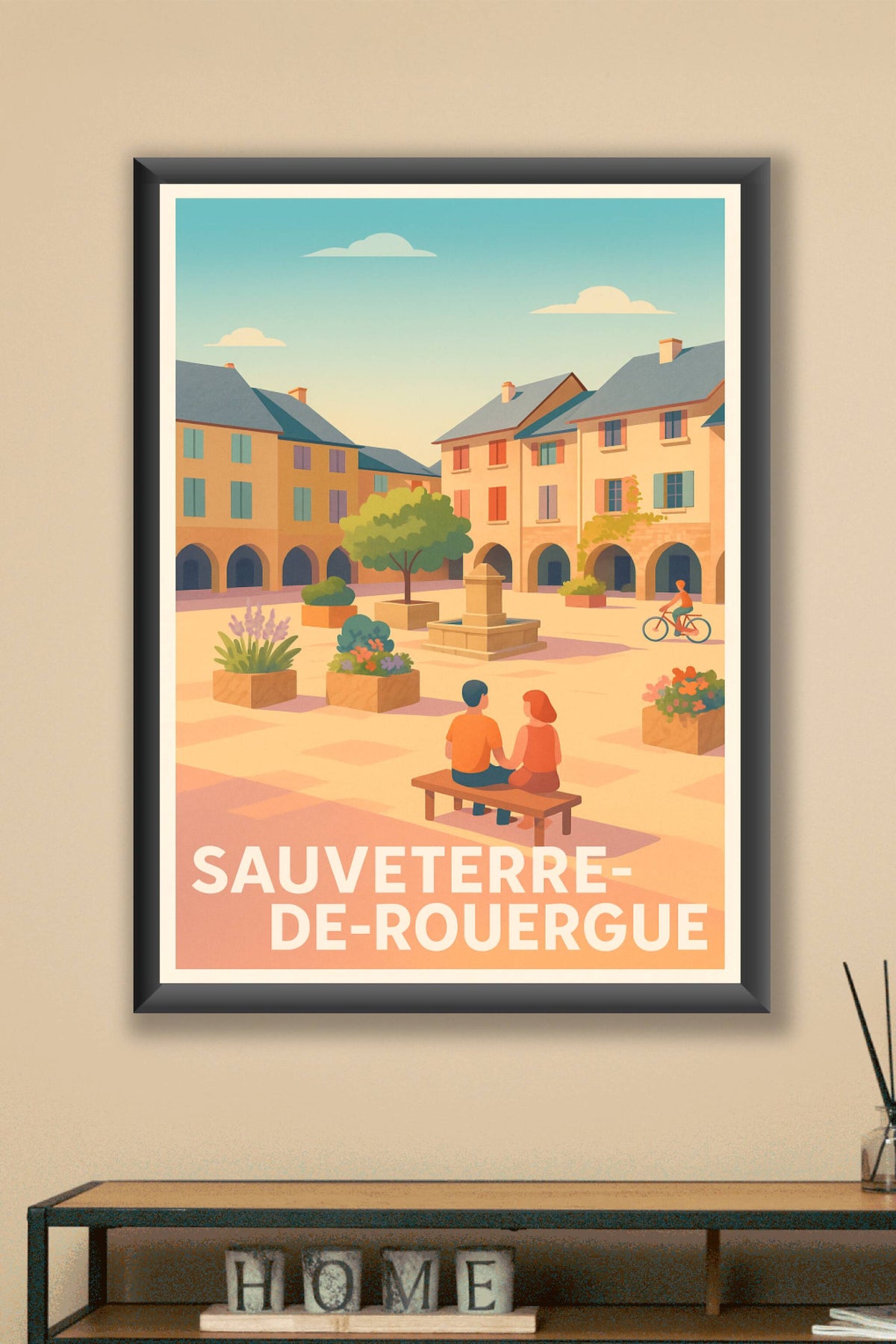 Affiche Sauveterre-de-Rouergue — Charme et douceur en midi rouge · poster d'art de Sauveterre-de-Rouergue