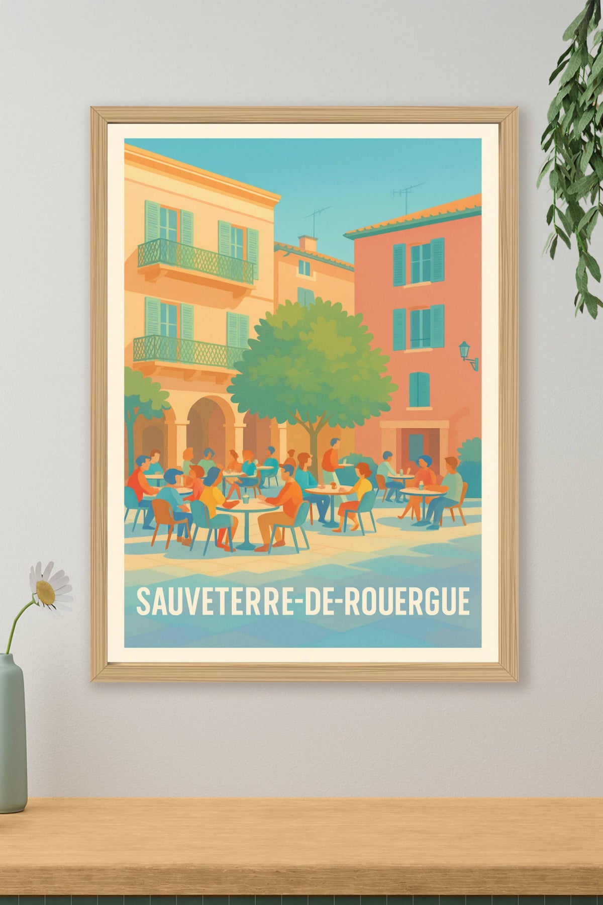 Affiche Sauveterre-de-Rouergue — Charme et convivialité au cœur de la place · poster d'art de Sauveterre-de-Rouergue