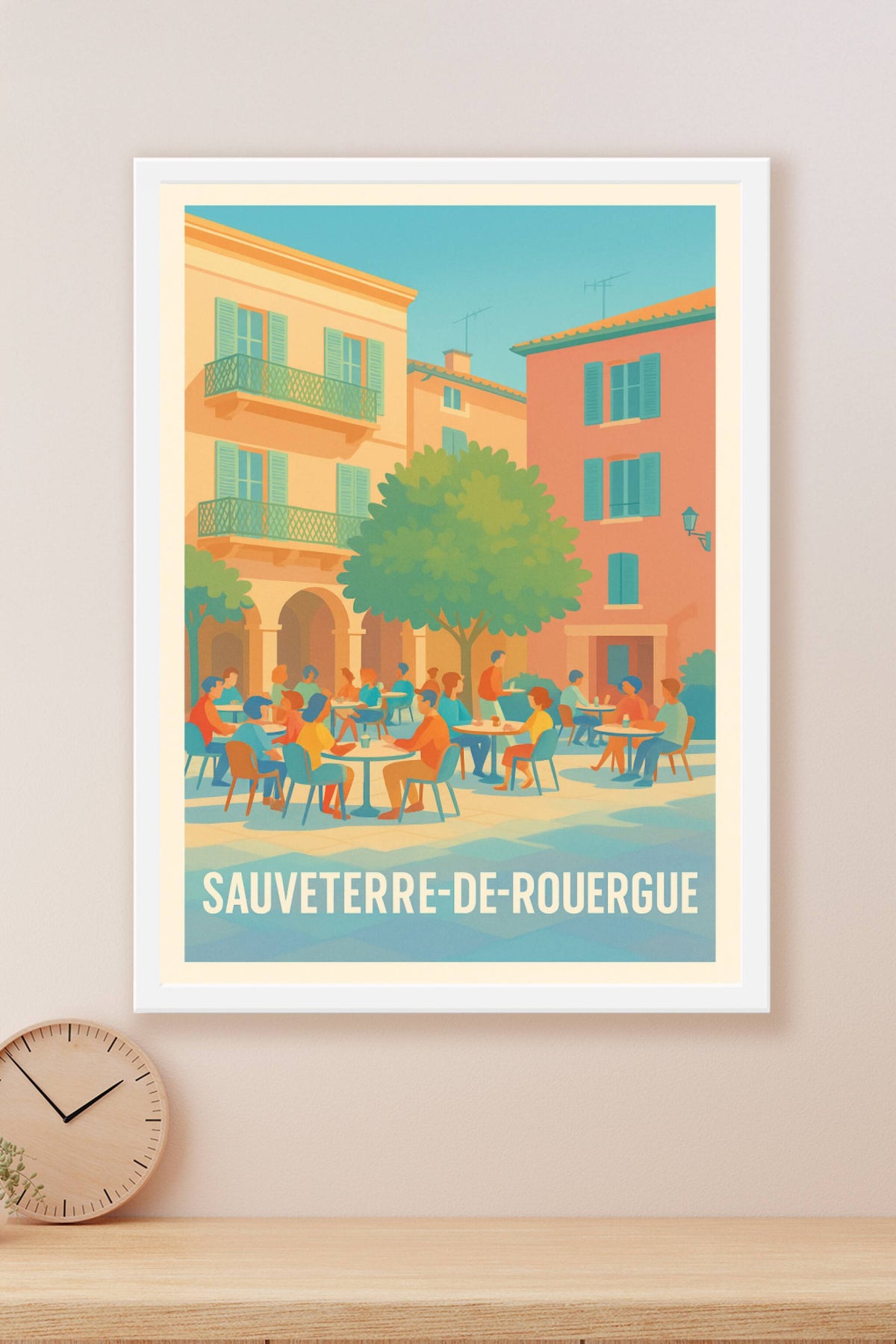 Affiche Sauveterre-de-Rouergue — Charme et convivialité au cœur de la place · poster d'art de Sauveterre-de-Rouergue