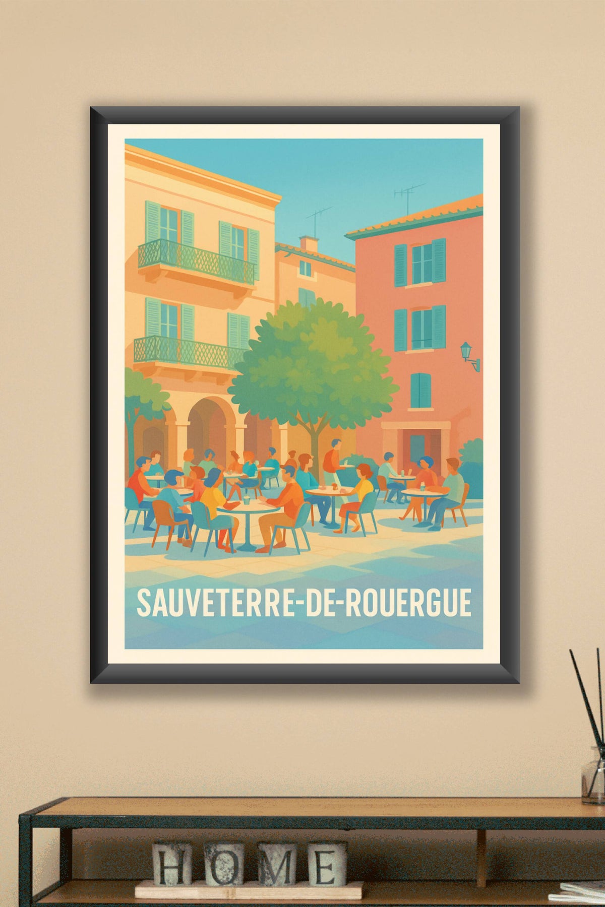 Affiche Sauveterre-de-Rouergue — Charme et convivialité au cœur de la place · poster d'art de Sauveterre-de-Rouergue