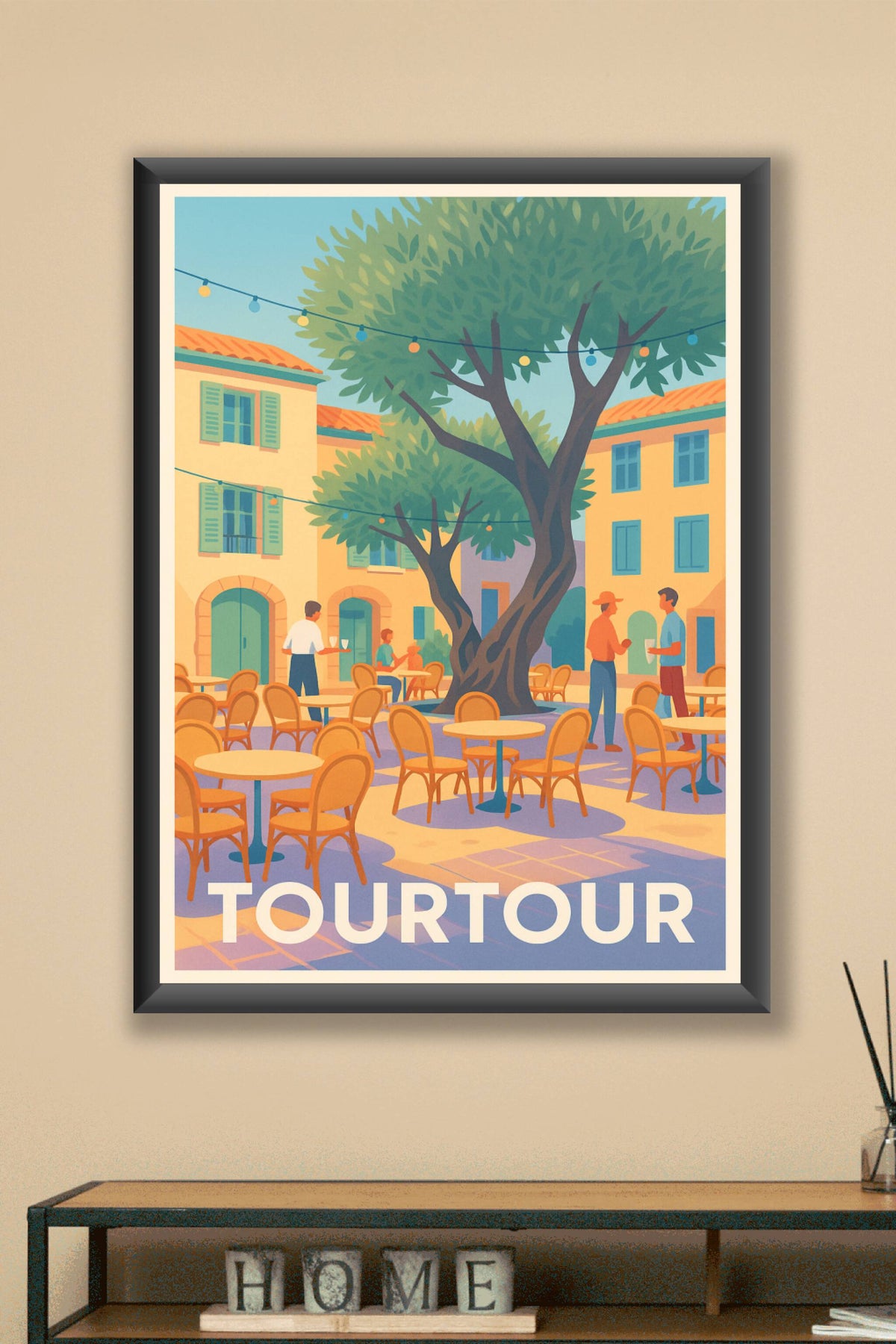 Affiche Tourtour — L'élégance d'une place provençale ensoleillée · poster d'art de Tourtour